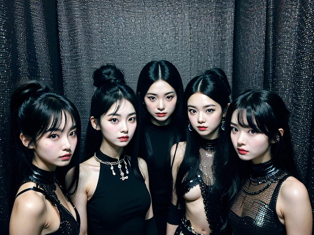In the black room.Cool Two young Korean women and one Japan woman. They are K-pop singers. All-black costume.they looks like easpa.Fancy makeup.