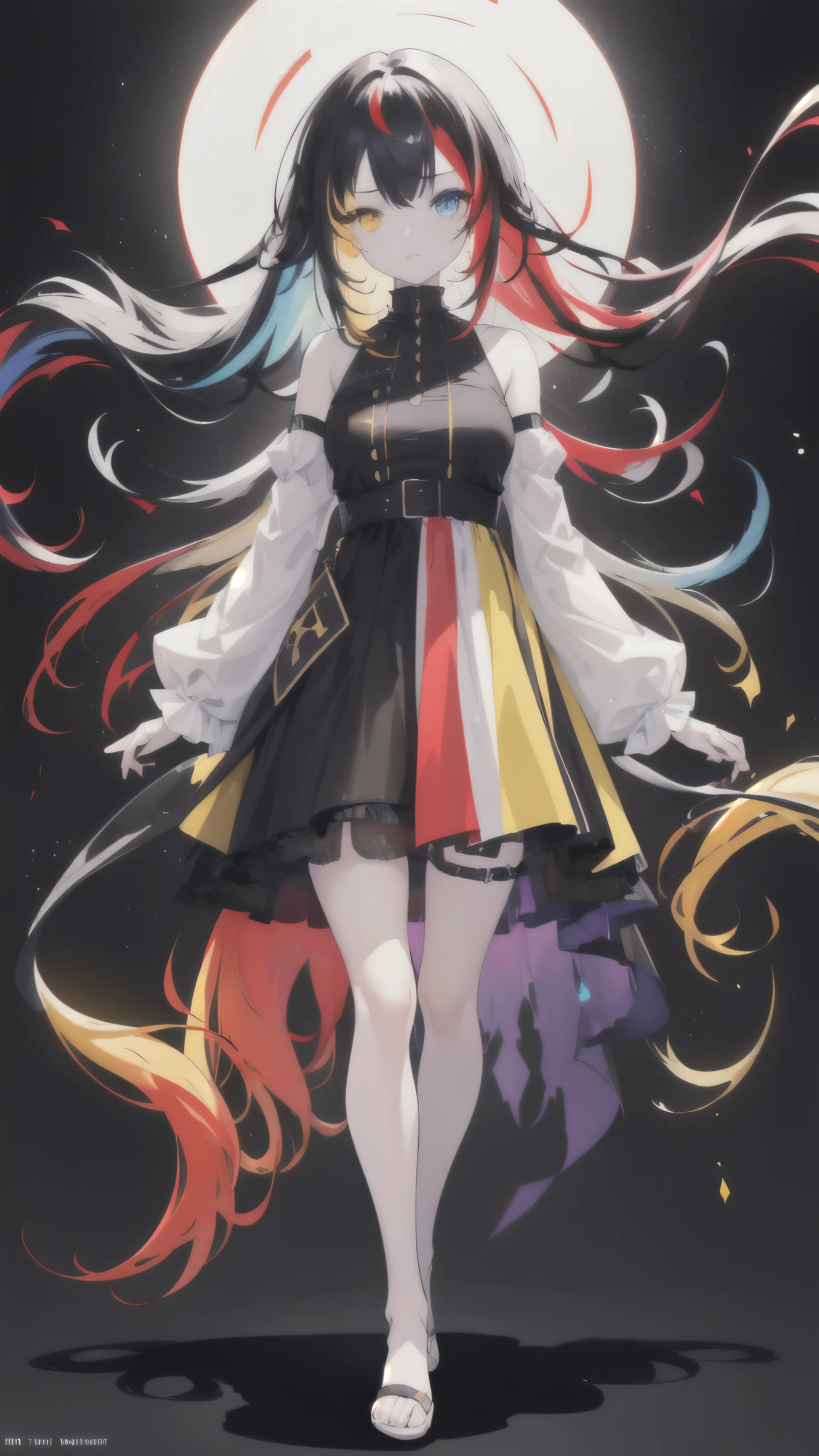 Girl with different color eyes one yellow and one red
{{masterpiece}}, best quality, extremely detailed CG unity 8k wallpaper, cinematic lighting, lens flare, beautiful detail eyes, black, side glance, multicolor hair consisting of red and black color, colorful light, particles, heterochromia, (colorful:1.5), (colorful hair:1.5), Full body front view wearing girly dress