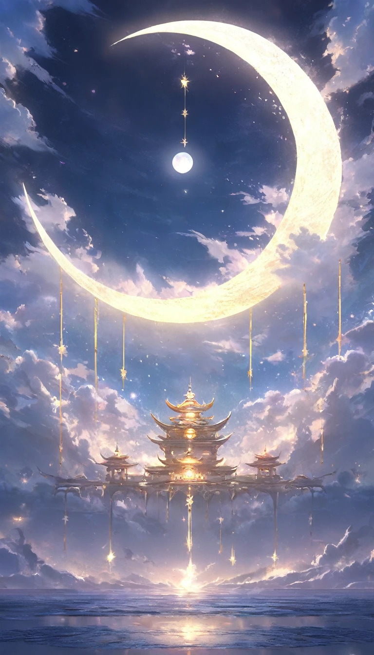 Glowing Crescent Masterpiece，tmasterpiece，quality，Best quality at best，current，glowing crescent moon，calm evening，unified，8K