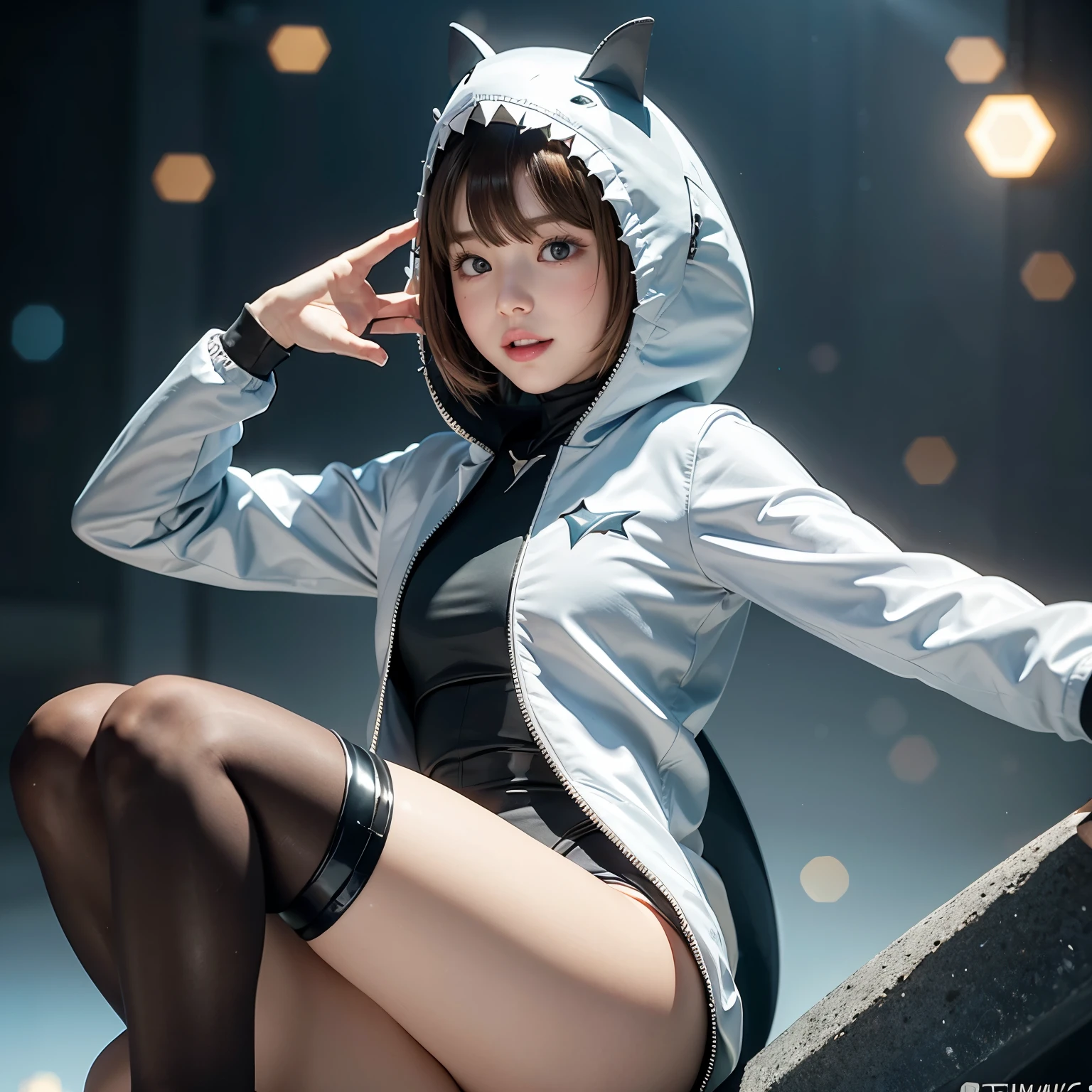 ((Skinny Shark BodySuit, (Stuffed shark head) hood)with Fin White Teeth), 8k, High-level, absurd, masterpiece, best quality, primitive, very detailed CG, very detailed wallpaper, perfect lighting, Extremely detailed ((( personifying " Shark" as a ))), MysticSight, Tyndall effect, Tyndall scattering, (Studio gray background with (Overflowing oodles Dazzling RainbowColorParticles (BokeH))), (PureRed short hair, RoundlyButts, Leg Fins installed), (Exposed:0.4), (Assfocus with looking ahead) BREAK (Acutance:0.88), (NOGIZAKA face variations) Extremely Detailed very KAWAII face variations, perfect anatomy, Childish, CaptivatingGaze ElaboratePupils detailed Eyes with (sparkling highlights:1.28), (Voluminous LongEyelashes:0.88)、GlossyRED Lips with beautiful details, RosyCheeks, Radiant PearlSkin with Transparency . { (Dynamic LifeLike expressions:1.4) | (:d) }, (large eyes:-1) . ((animal ears:-1.2))