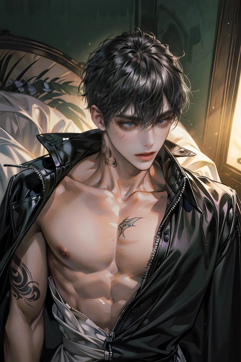 "(The best quality,4k,8k,High Resolutions,Masterpiece:1.2),ultra detailed,(realist,fotorrealist,fotorrealist:1.37), Manhwa Art European 25 years old man, ivory skin, Messy hair jet black hair, piercing eyes, gray iris, Wear black coat, naked torzo, muscled body, lying on a bed, photo taken from above, athletic body, razor-sharp jawline, glare, Cold and mysterious character, whole body, athletic body, 8k, Detailed features, very handsome, Dreamy look on his face, bright illumination, blurred background, tattoos on arms, chest tattoos,