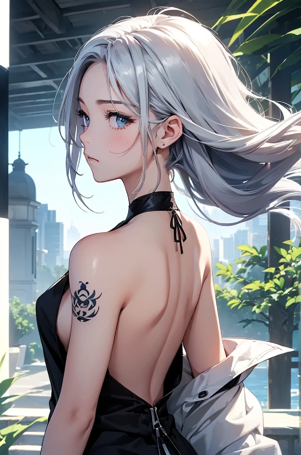 (Image from chest up:1.4)((masterpiece:1.5,Highest quality,Beautiful images、Realistic、3d、Artistic))(1girl, solo)(medium breasts, Silver Hair、long hair、Beautiful cleavage、sideboob、Exposing shoulders、Tattoo on shoulder)(Profile portrait,Gaze sideways、Gaze diagonally、Shake your head、Smile, floating hair)(Monotone Abstract Background)((from backside:1.3))((Monotone costumes))