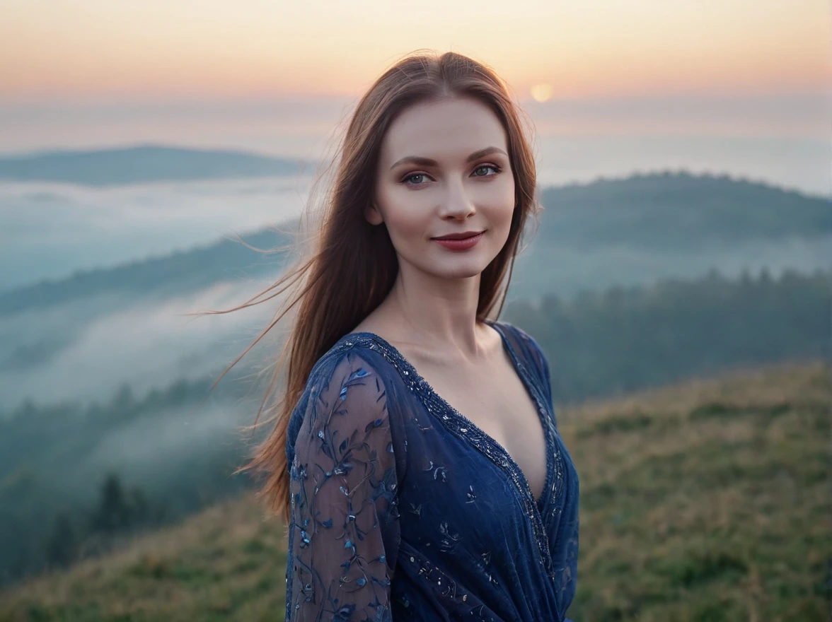 Beautiful Slavic woman, hairlong, pale skin, stands on a hill, Landscape on the background of fog in the mountains, indigo, Sundown, photo, ssmile, body complet, sharp-focus, dynamic sexy pose, Helios 44-2, swirling bokeh, sharp-focus, Complicated details, higly detailed, sharpness, Character portrait, perfect  lighting, tmasterpiece, Detailed background, Movie Lighting, 8K