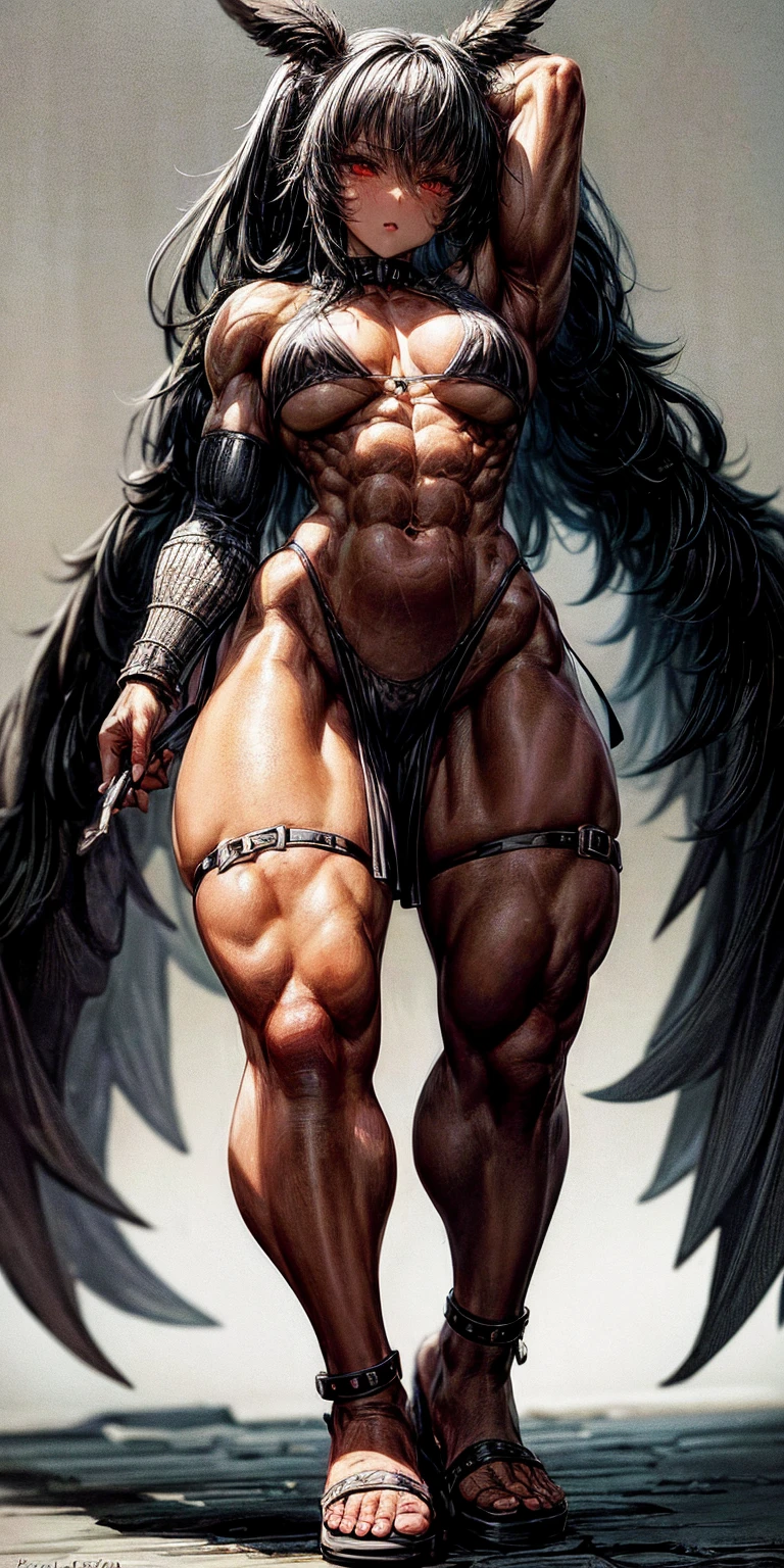 Subject: 1 Solo Female Gladiator Pose: Full body, whole body Standing tall, hands on hips (conveying confidence) Feet together, conveying a strong stance View from slightly below, emphasizing her power Clothing and Armor: Loincloth (detailed and well-crafted, showcasing her warrior status) Metal sandals, sturdy and battle-worn Leather choker, adorned with a gladiator emblem or small spikes (optional) Big belt, holding additional weapons or pouches (optional) Bracers on forearms, for protection Jewelry: Tiara (can be simple and battle-ready, or adorned with feathers or gladiator symbols) Additional Details: Strong, defined muscles Determined expression on her face Optional: scars or other battle marks that tell a story of her victories