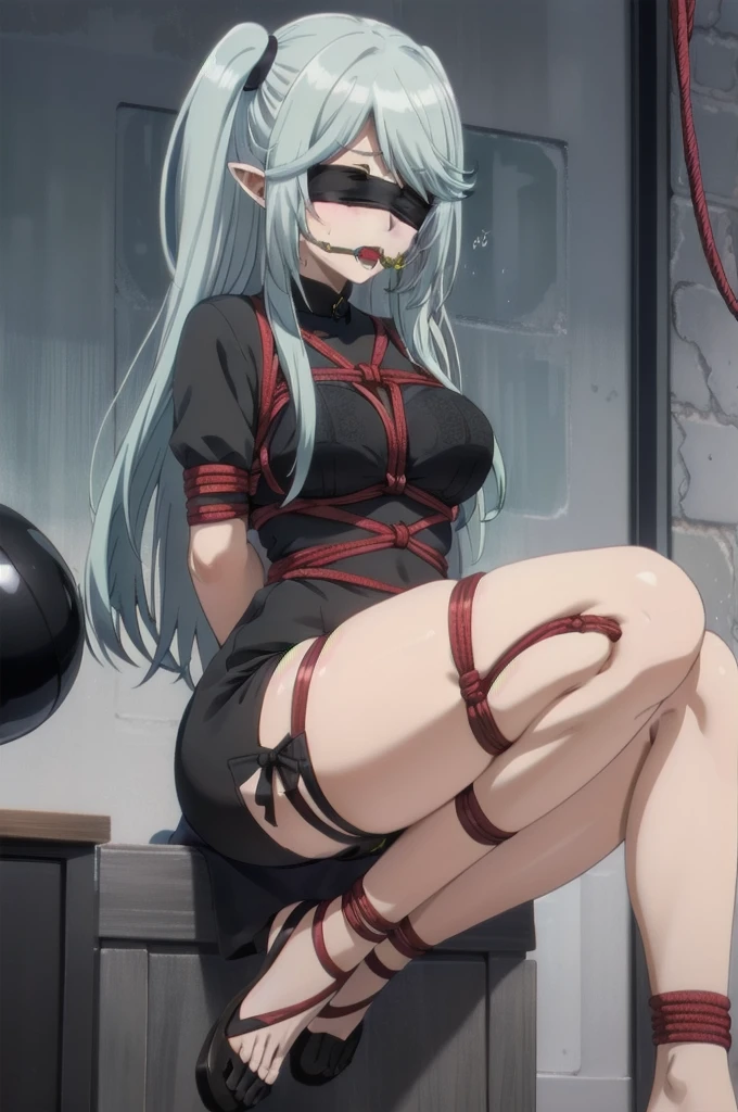1girl,solo focus,arms behind back,hair ornament,bangs,blush,saliva,drooling,,,panties,frogtie,underwear,pantyhose, juice, juice drip through clothes,femdom,bdsm,(black blindfold,ball gag,gagged:1.2),(object insertion,sex toy:1.2),rope,bondage,bound,restrained,shibari,shibari over clothes,bound wrists,bound ankles,bound arms,bound legs,bound wrists,box tie,breast bondage,crotch rope,skindentation,blue hair,,long hair,purple eyes,pointy ears,elf,