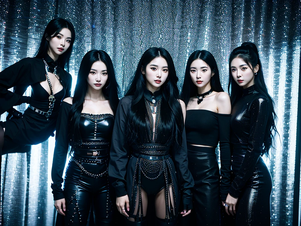 In the black room.Cool Two young Korean women and one Japan woman. They are K-pop singers. All-black costume.they looks like easpa.Fancy makeup.