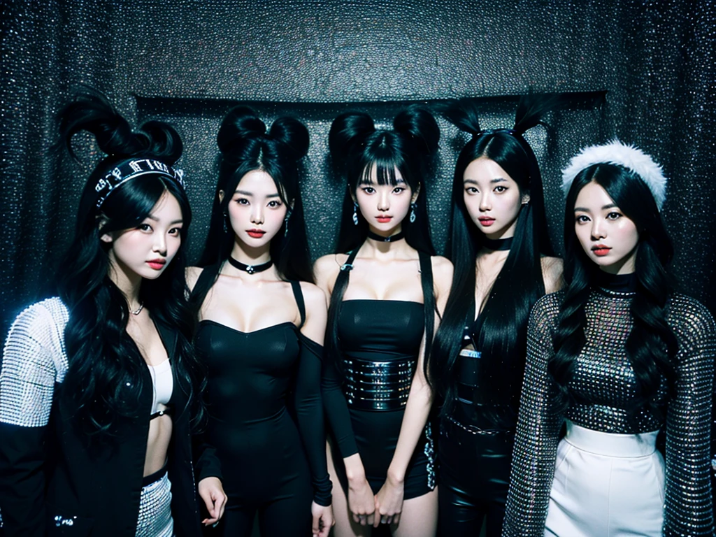 In the black room.Cool Two young Korean women and one Japan woman. They are K-pop singers. All-black costume.they looks like easpa.Fancy makeup.