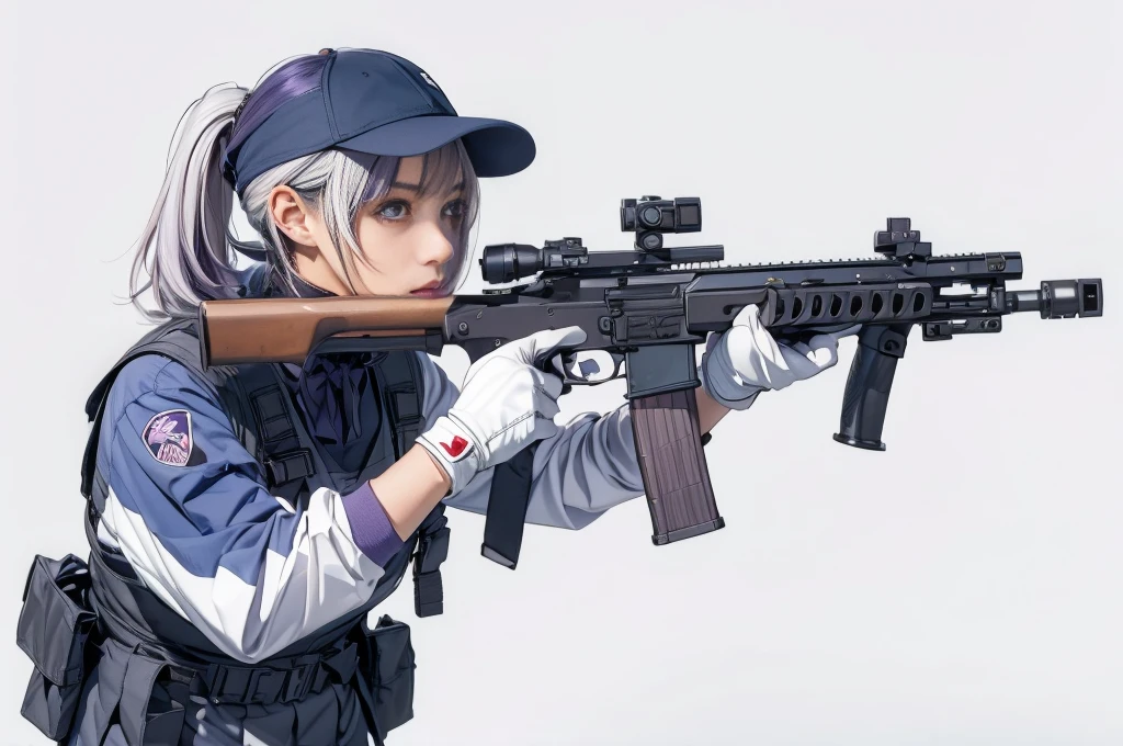 Elaizaikedareal, 1girl, solo, short hair, skirt, shirt, gloves, white background, bow, holding, , purple eyes, white shirt, weapon, purple hair, pleated skirt, shoes, black gloves, socks, bowtie, holding weapon, gun, sneakers, holding gun, armband, rifle, grey skirt, headset, assault rifle, grey gloves, load bearing vest