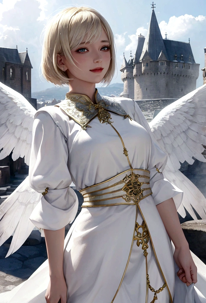 1 girl, fantasy, 30 years, she is wearing white skirt, she has blond bobcut hair, she has grey eyes, she is smiling, town in the background, fantasy, realistic, detailed face, she has one angelic big wing white, looking away