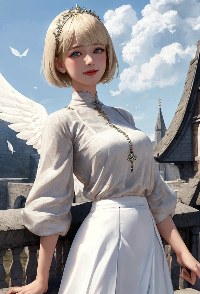 1 girl, fantasy, 30 years, she is wearing white skirt, she has blond bobcut hair, she has grey eyes, she is smiling, town in the background, fantasy, realistic, detailed face, she has one angelic big wing white, looking away