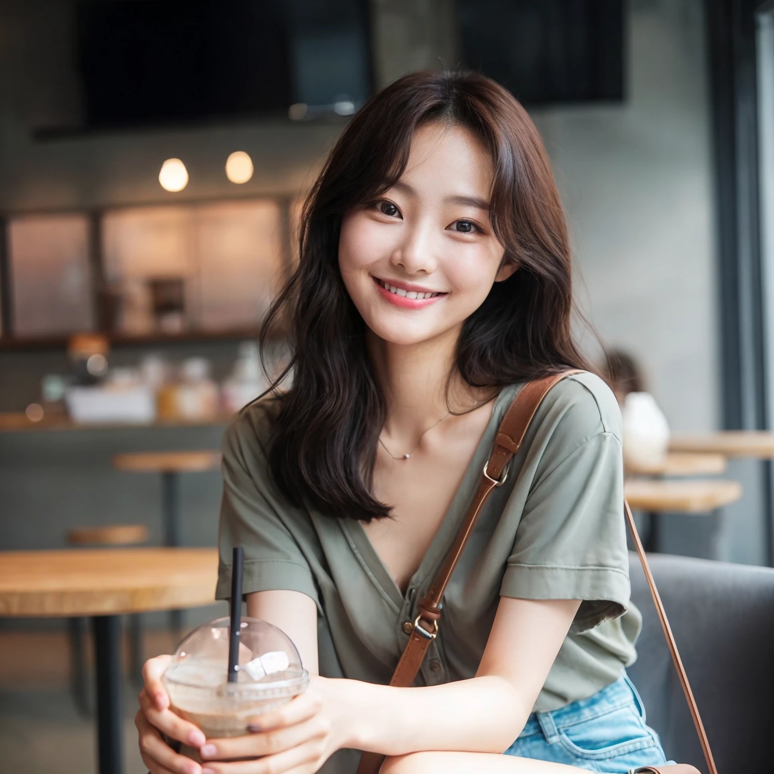A young korean woman sitting on coffe shop. She wears a sage shirt and denim shorts, Medium Chest Size, accessorized with a small shoulder bag. She holds a drink with a straw, smiling warmly at the camera. cheerful and relaxed atmosphere of the scene. realistis photo