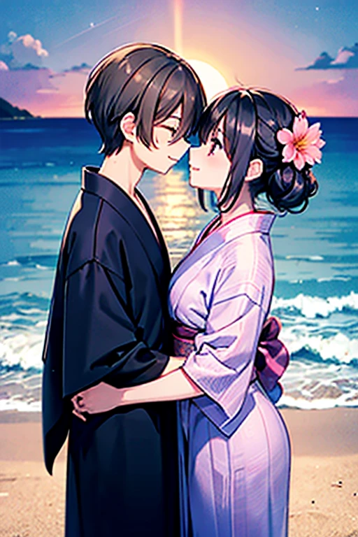 View of a beach with a body of water under the stars,Meteor-like path,浴衣を着た大人のmalefemaleのカップル,laughing,Gazing at each other,Kiss each other,romantic,Two people making love in a beautiful place,Tanabata,I can see the silhouette,Black Hair_male,Black yukata_male,Dark Chestnut Hair_female,Pale pink yukata_female,Floral Yukata_female,Flower Hair Ornaments_female,Shadow,Beautiful views