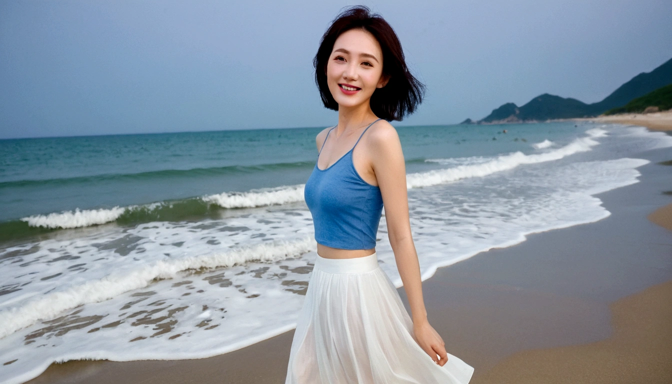 sunset on the beach,바다에 잔광이 비치네sunset on the beach 붉은 태양,A strong lingering scent is reflected in the sea., Beautiful 46-year-old short Korean woman, Chest size 34 inches, Wear sleeveless, light skirt. beautiful pretty woman look , wearing a light skirt , Go far into the sea water and dip your toes., Short medium hair blowing in the wind, 1 short woman, beautiful eyes, a little smile, Full-body photo taken from afar with a wide-angle lens, The background is clean and perfect., waves moved by the wind, best high definition