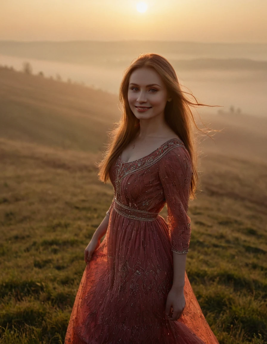 beautiful Slavic woman, long hair, pale skin, Красное dress, stands on a hill, Landscape on the background of fog in the valley, Sun, sunset, Photo, smile, whole body, Sharp Focus, dynamic sexy pose, helios 44-2, swirling bokeh, Sharp Focus, complex parts, high detail, sharpness, character portrait, perfect lighting, masterpiece, Detailed backstory, Cinematic lighting, 8 k