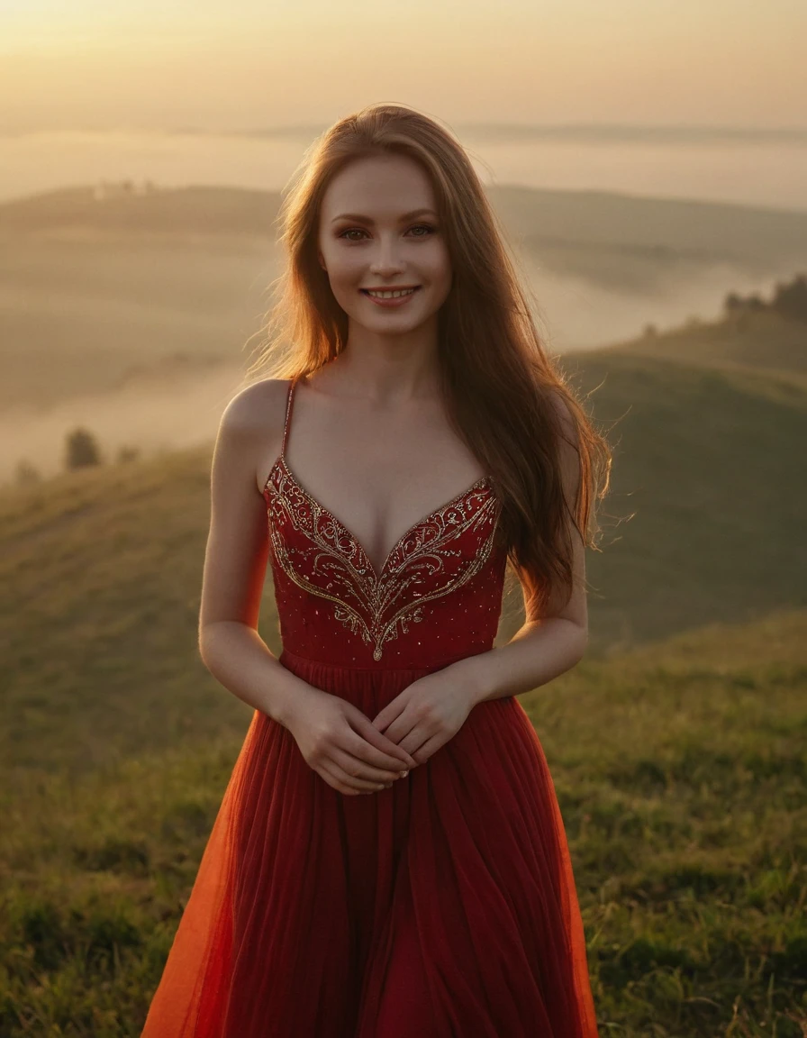 beautiful Slavic woman, long hair, pale skin, Красное dress, stands on a hill, Landscape on the background of fog in the valley, Sun, sunset, Photo, smile, whole body, Sharp Focus, dynamic sexy pose, helios 44-2, swirling bokeh, Sharp Focus, complex parts, high detail, sharpness, character portrait, perfect lighting, masterpiece, Detailed backstory, Cinematic lighting, 8 k