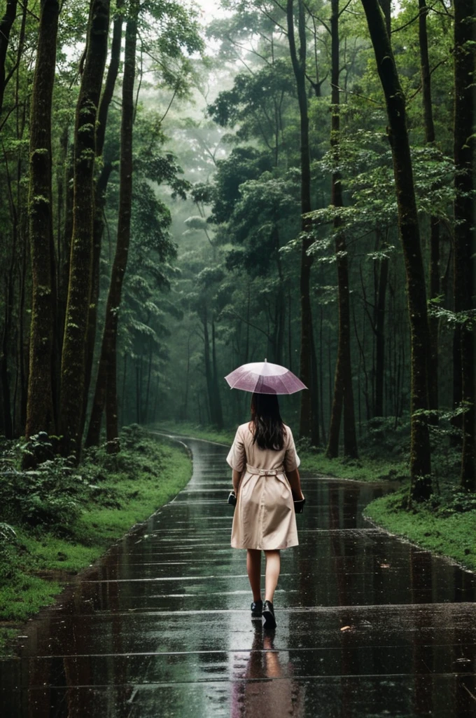 A beautiful girl walks and cries in the rain in a big forest.