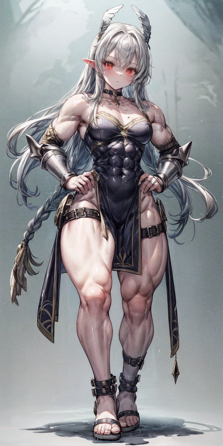 Subject: 1 Solo Female Gladiator Pose: Full body, whole body Standing tall, hands on hips (conveying confidence) Feet together, conveying a strong stance View from slightly below, emphasizing her power Clothing and Armor: Loincloth (detailed and well-crafted, showcasing her warrior status) Metal sandals, sturdy and battle-worn Leather choker, adorned with a gladiator emblem or small spikes (optional) Big belt, holding additional weapons or pouches (optional) Bracers on forearms, for protection Jewelry: Tiara (can be simple and battle-ready, or adorned with feathers or gladiator symbols) Additional Details: Strong, defined muscles Determined expression on her face Optional: scars or other battle marks that tell a story of her victories