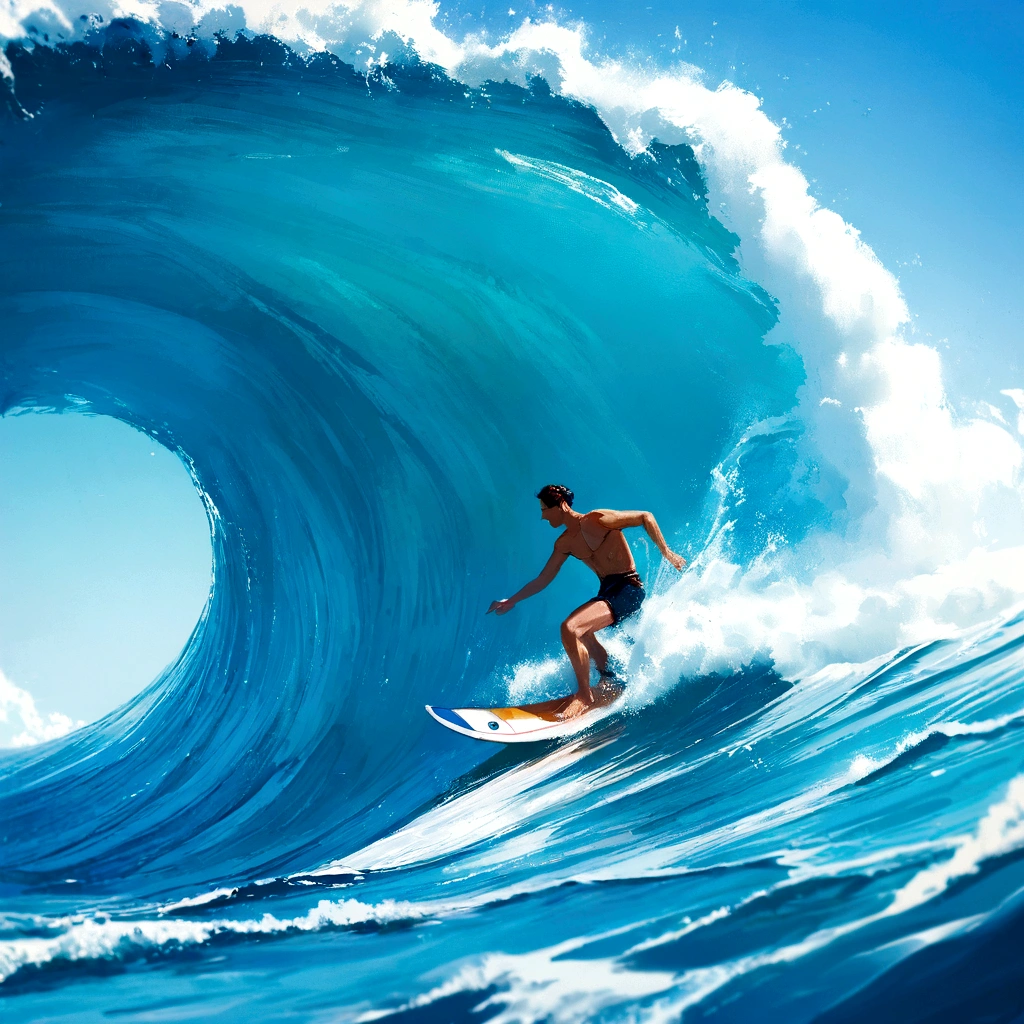 a man surfing a wave,listening to music,On a sunny day,Not blue sea,with the flag of the Dominican Republic,illustration,oil painting,ultra detali,photorrealistic,best qualityer,4K,high resolution,(bright coloured,Bright shades),water splashes,foamy waves,shimmering water surface,shock wave,peaceful atmosphere