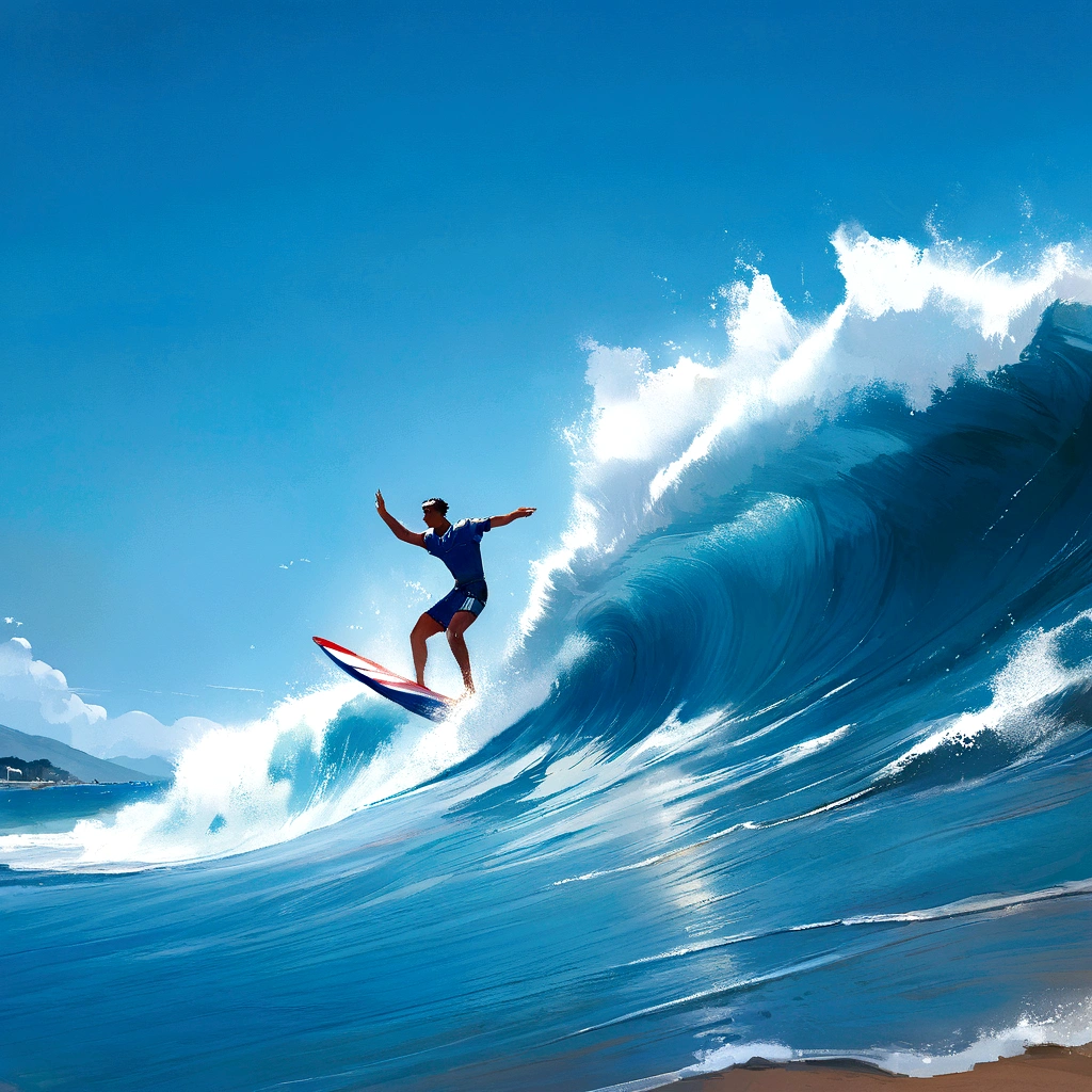 a man surfing a wave,listening to music,On a sunny day,Not blue sea,with the flag of the Dominican Republic,illustration,oil painting,ultra detali,photorrealistic,best qualityer,4K,high resolution,(bright coloured,Bright shades),water splashes,foamy waves,shimmering water surface,shock wave,peaceful atmosphere