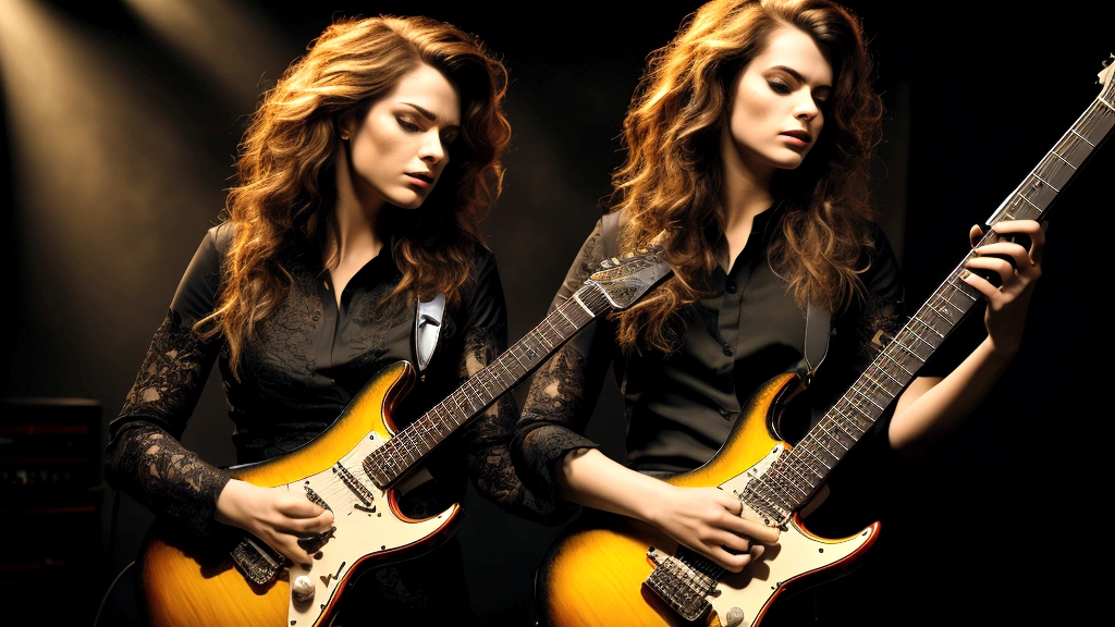 Guitarist playing electric guitar, Detailed facial features, Intricate guitar details, Dramatic lighting, Gloomy atmosphere, Structure of the film, oil, Vibrant colors, Dramatic Shadows, Accomplished musician, intense expression, Dynamic pose, Studio settings, Professional Quality, masterpiece, Highest quality, so beautiful, Absurd