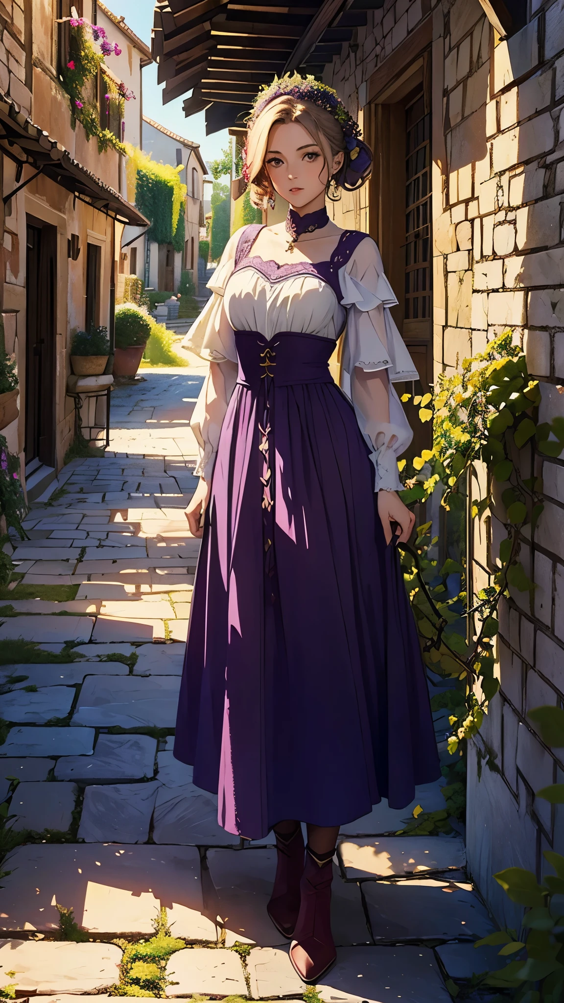 ((masterpiece, best quality)), ((peaceful medieval village, grape garden, wine, retro coloring, morning, )), dramatic lighting