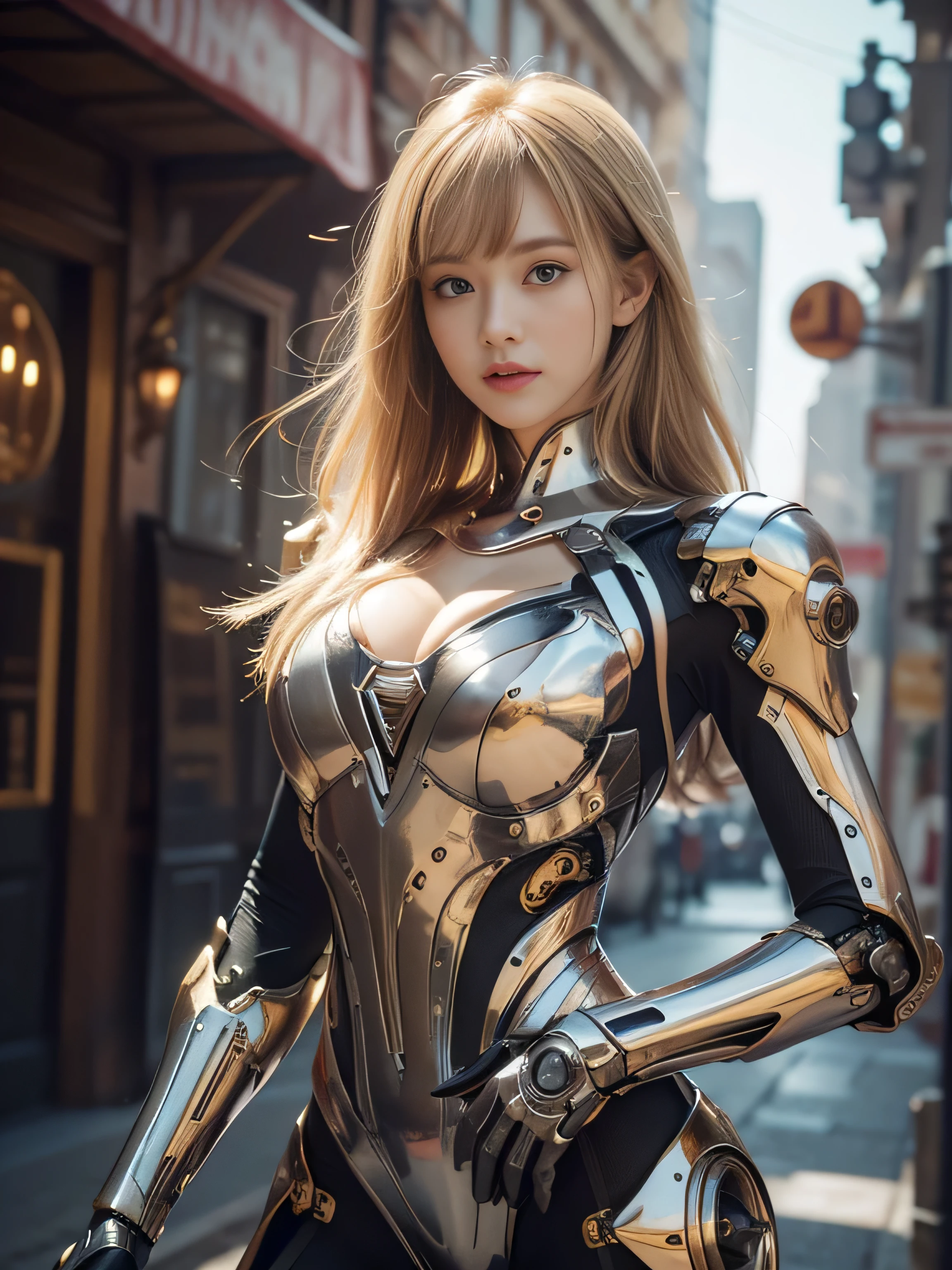 8K, Highest quality, （The beauty of pubic hair）、High resolution, Lifelike, Real person、((masterpiece)), ((Highest quality)), (Ultra-detailed), ((High contrast)), (High saturation), (Beautiful details in the eyes), ((Very delicate and beautiful)), (Nice hands), ((Perfect hands)), (Mechanical cyber city in the background), Future City, summer, plein air, Girl on a bike, Medium Hair, Blonde, Asymmetrical bangs, Beautifully detailed glass hair, blue eyes, Small breasts, machinery suit, ((Shiny body)), (very Shiny body), clear, gem、Decorations have been removed、Gorgeous、Gorgeous、grow、Illuminations scattered all over the body、The glow of the lights、Roberto、cyborg、Android、Bodysuits、((Huge boobs、Chest Valley、Beautiful feet))
