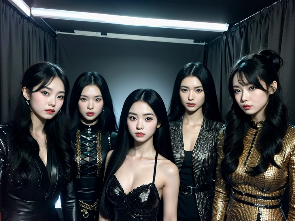 In the black room.Cool Two young Korean women and one Japan woman. They are K-pop singers. All-black costume.they looks like easpa.Fancy makeup.They looks at me.