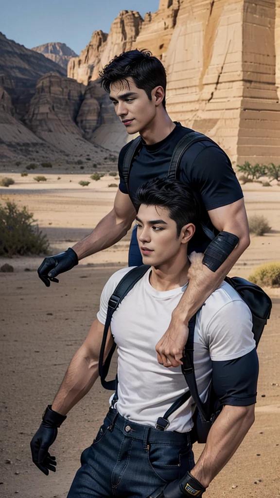 1 man,crew cut hair,(Wear a fitted round neck t-shirt in navy blue with a police badge.:1.2),Navy blue jeans,(black_gloves:1.3),(Carrying a black backpack:1.3),Korean guy,chest muscles,large arm muscles,blood vessel,Big muscles,Broad shoulders,middle of the road,(Carrying a black backpack:1.3),(In the desert:1.5),A navy blue car is in the back., ,(driving:1.4),smile,(short hair:1.4),(full_shot:1.2),