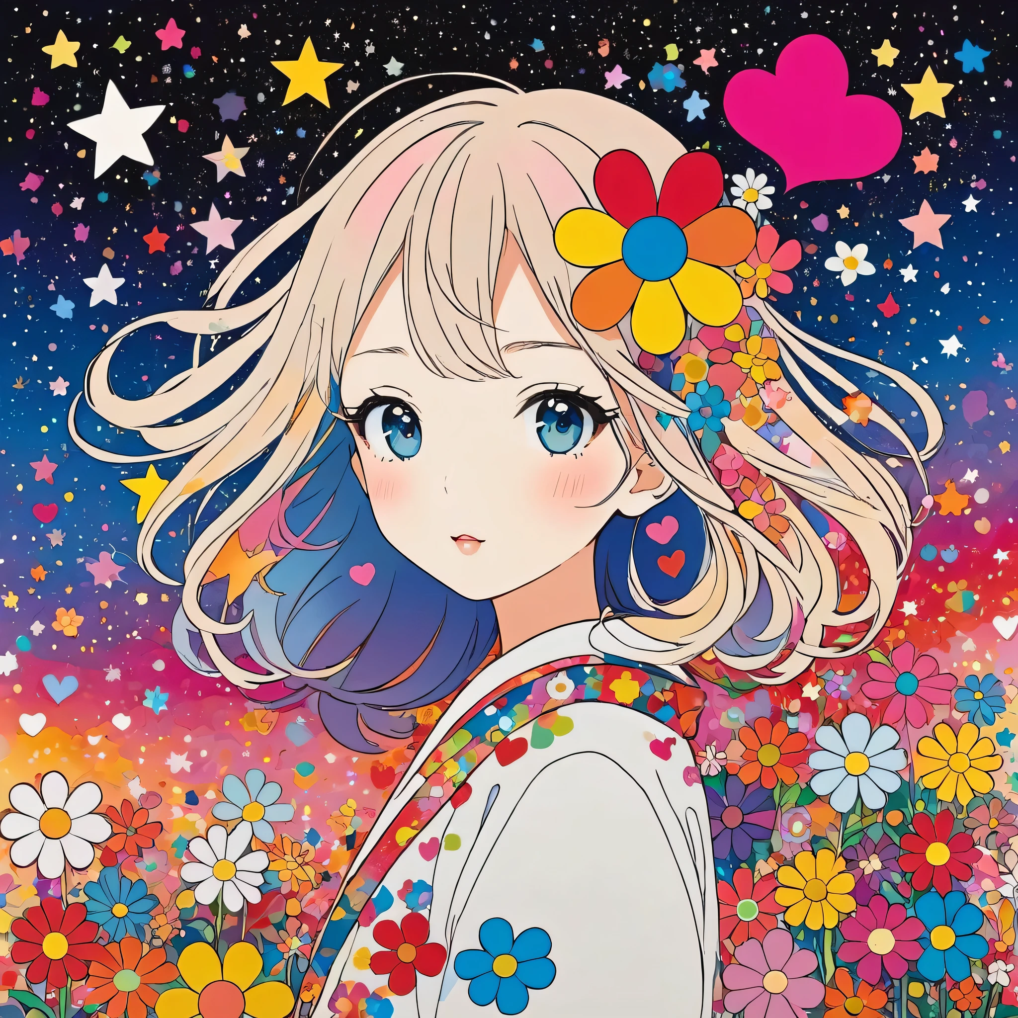 Takashi Murakami style, Simple Line Initialism,Abstract art,stylish Design, The most beautiful girl of all time, The background is star dust, colorful hearts, colorful flowers,