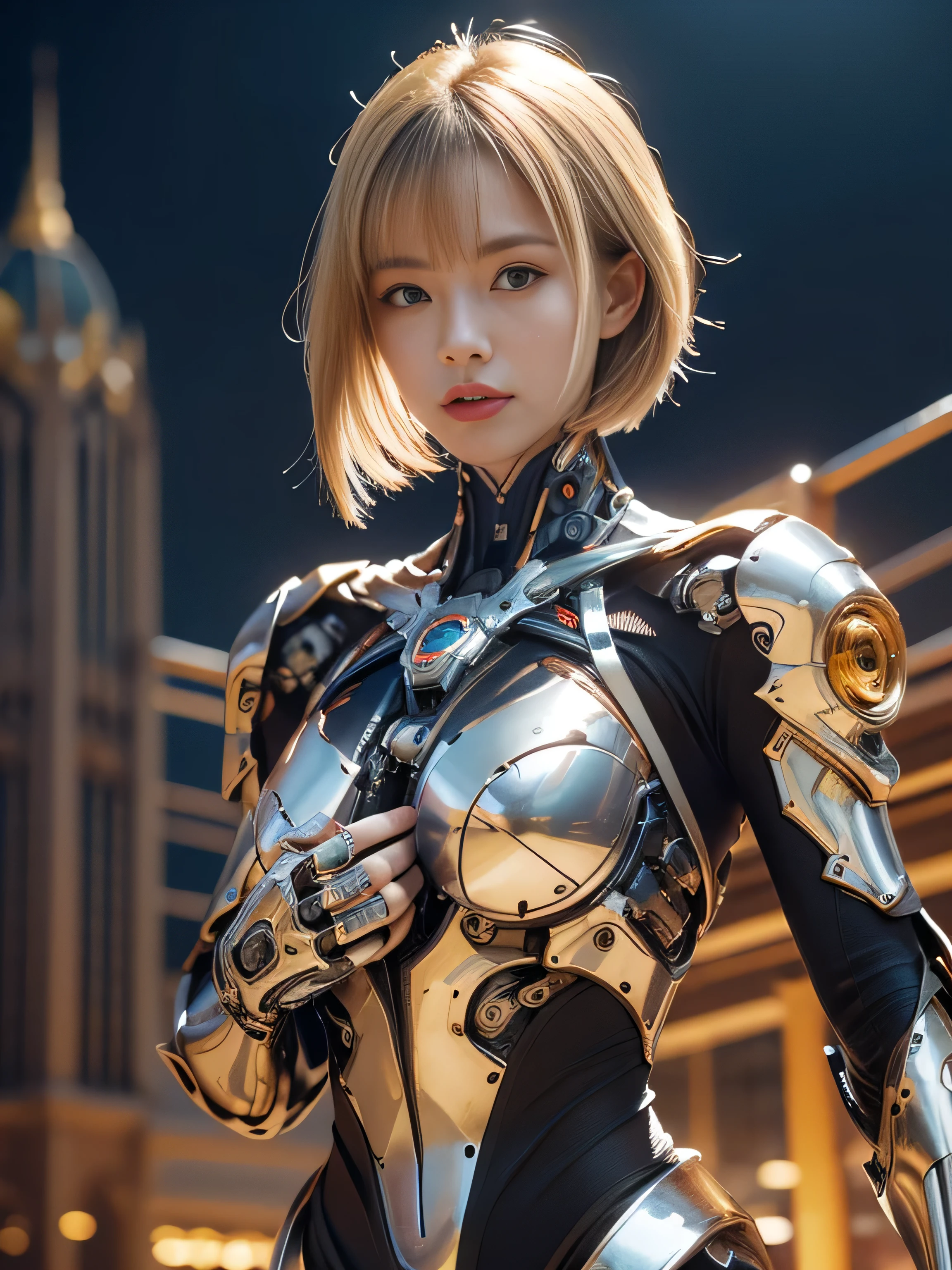 8K, Highest quality, (The beauty of pubic hair)、High resolution, Lifelike, Real person、((masterpiece)), ((Highest quality)), (Ultra-detailed), ((High contrast)), (High saturation), (Beautiful details in the eyes), ((Very delicate and beautiful)), (Nice hands), ((Perfect hands)), (Mechanical cyber city in the background), Future City, summer, plein air, Girl on a bike, Medium Hair, Blonde, Asymmetrical bangs, Beautifully detailed glass hair, blue eyes, Small breasts, machinery suit, ((Shiny body)), (very Shiny body), clear, gem、Decorations have been removed、Gorgeous、Gorgeous、grow、Illuminations scattered all over the body、The glow of the lights、Roberto、cyborg、Android、Bodysuits、((Huge boobs、Chest Valley、Beautiful feet))