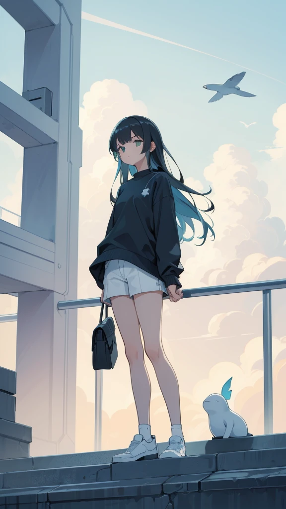 masterpiece, Exquisite detail,Highest quality, One girl, alone, handrail, cloud, Looking up at the buildings,Long Hair, NULL, Long sleeve, Power lines, White footwear, Black Hair, View your viewers, Electric pole, bangs, cloudy NULL, fish, bird, Green Eyes, Shorts, Day, Black Shirt, barefoot,Whale flying in the sky,Giant whale,night,star,milky way,night,Pitch black,Buildings
