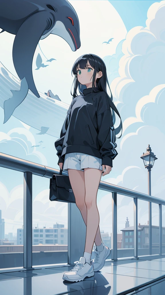 masterpiece, Exquisite detail,Highest quality, One girl, alone, handrail, cloud, Looking up at the buildings,Long Hair, NULL, Long sleeve, Power lines, White footwear, Black Hair, View your viewers, Electric pole, bangs, cloudy NULL, fish, bird, Green Eyes, Shorts, Day, Black Shirt, barefoot,Whale flying in the sky,Giant whale,night,star,milky way,night,Pitch black,Buildings