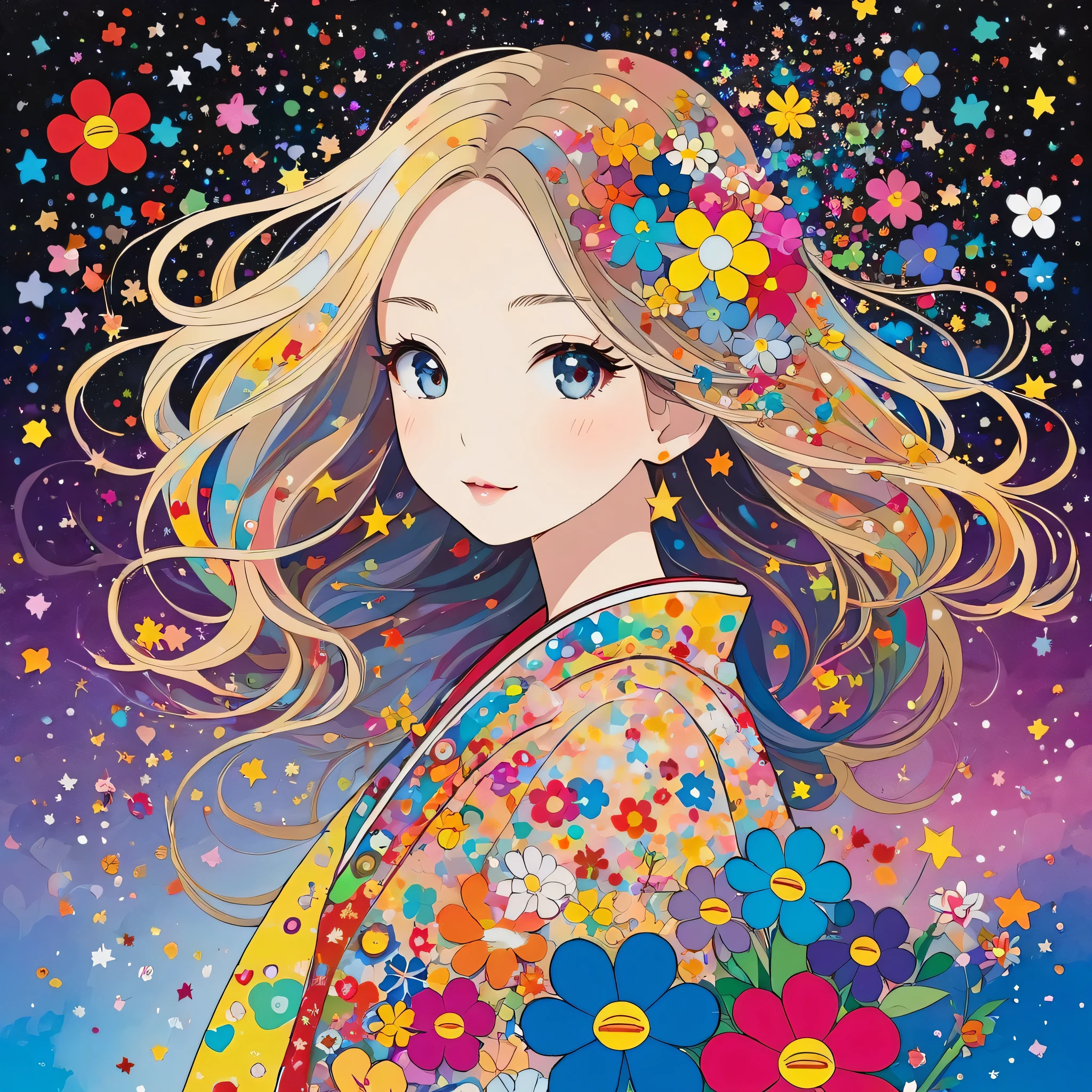 Takashi Murakami style, Simple Line Initialism,Abstract art,stylish Design, The most beautiful girl of all time, The background is star dust, colorful hearts, colorful flowers,