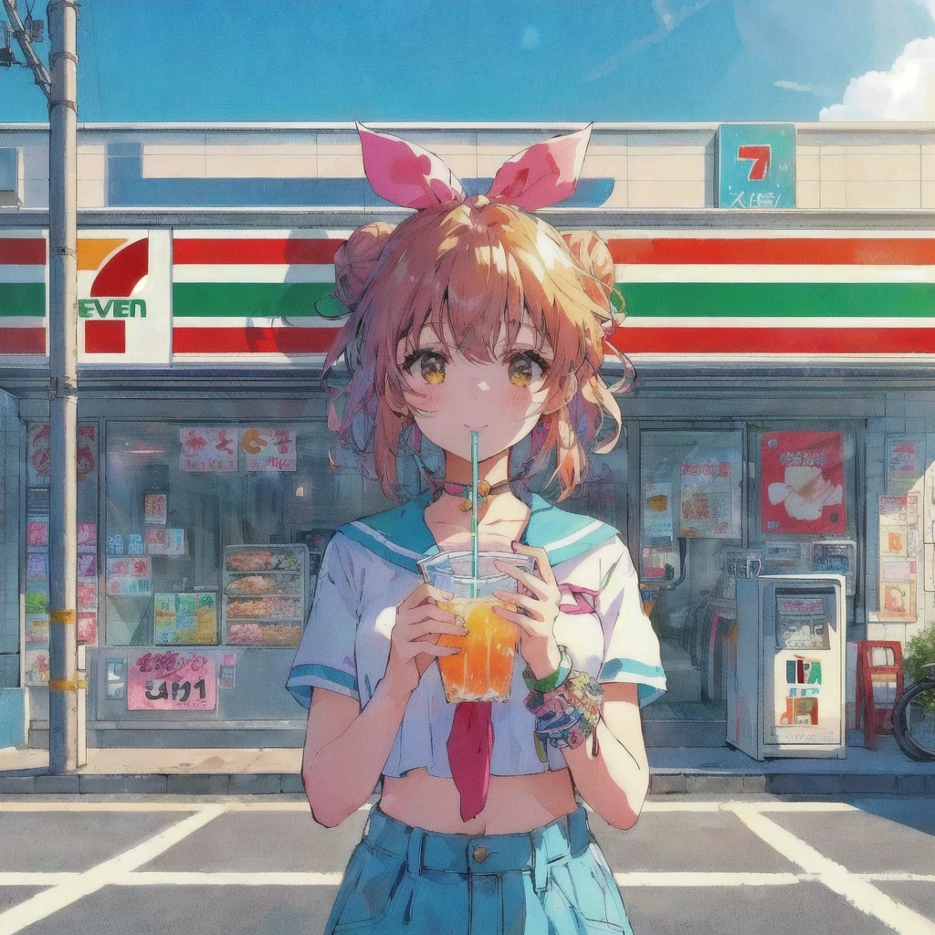 Anime girl drinking a drink outside a convenience store,smile,Bun-Eleven,7-11,Soda themed girl, Anime girl drinking juice, 80s anime style,Lofi, 4k anime wallpaper, Lo-fi Girl, artwork in the style of Gwaiz, 4K Manga Wallpapers, Cute girl anime visuals, anime wallpaper 4k, anime wallpaper 4k, Gwaiz