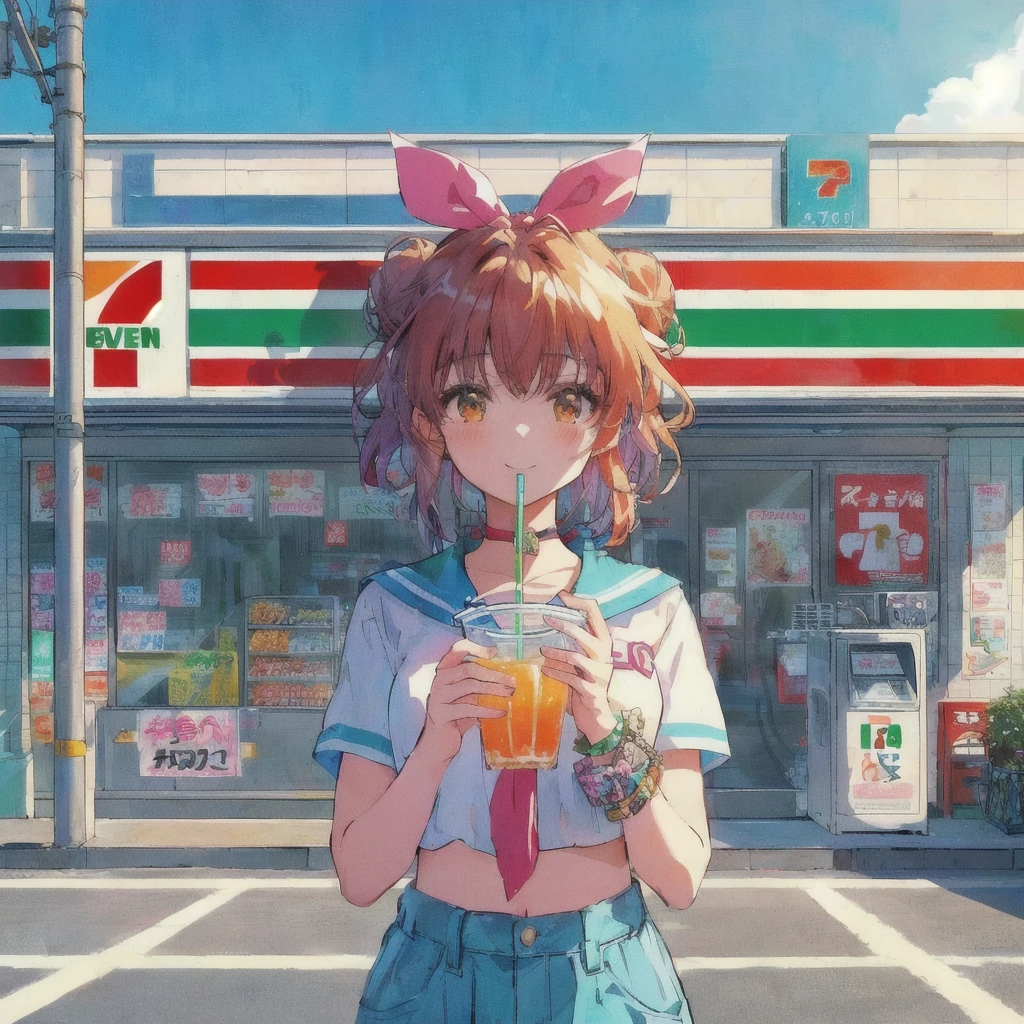 Anime girl drinking a drink outside a convenience store,smile,Bun-Eleven,7-11,Soda themed girl, Anime girl drinking juice, 80s anime style,Lofi, 4k anime wallpaper, Lo-fi Girl, artwork in the style of Gwaiz, 4K Manga Wallpapers, Cute girl anime visuals, anime wallpaper 4k, anime wallpaper 4k, Gwaiz