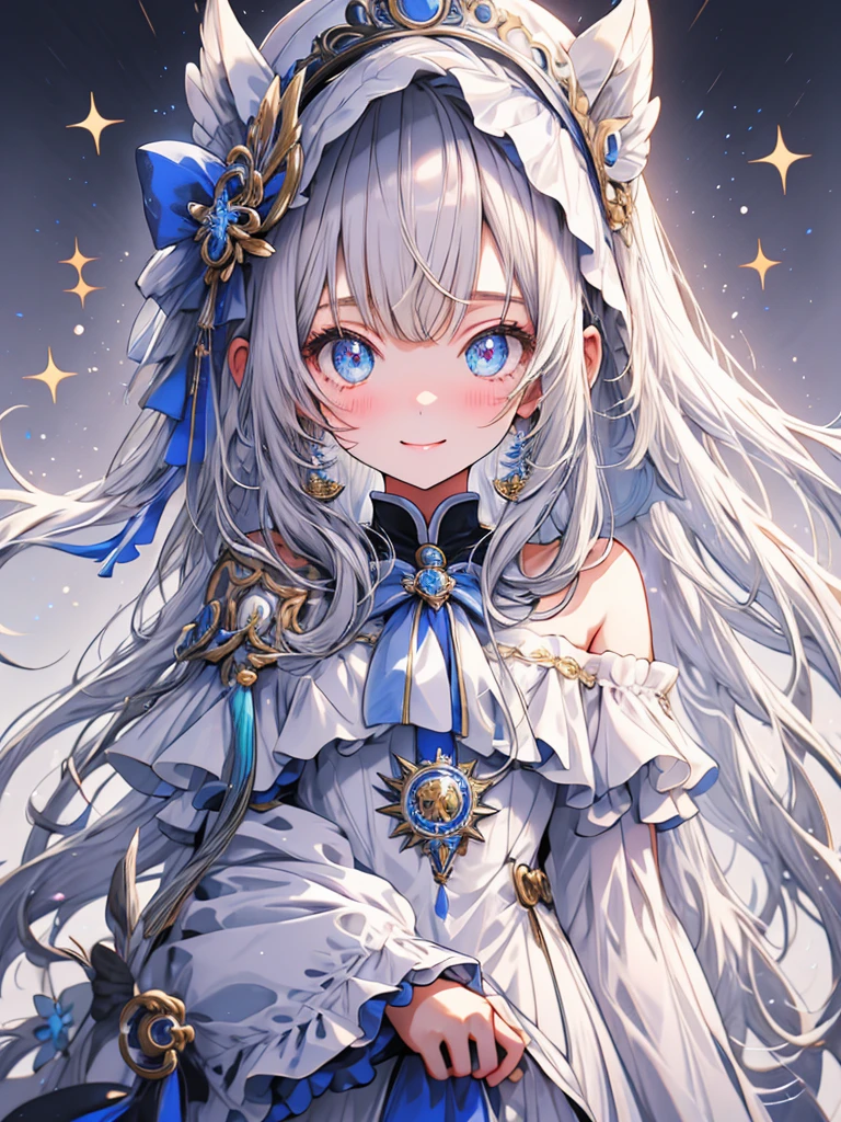 girl、White Background、No background、Long Hair、Long Hair、Gray Hair、Sparkling eyes、Big ribbon、one piece、Frills、cute、blush、Fair skin、smile、No background