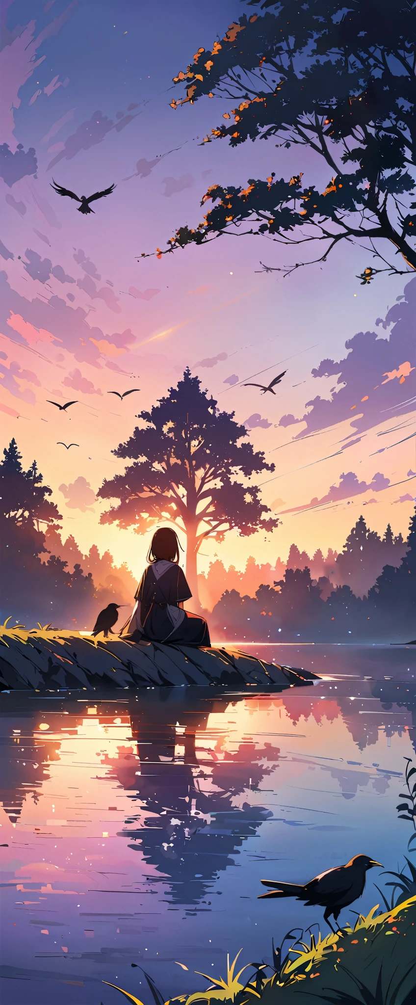 (highest quality、Super detailed)、forest、morning、foggy、Bright colors、unforgettably beautiful、mysterious light、Graceful branches、delicate leaves、quiet atmosphere、graceful、graceful生き物、black feather、sharp eyes、Intellectual gaze、Inquisitive nature, (Crow) Perched on a tree、(river flow)、(evening)