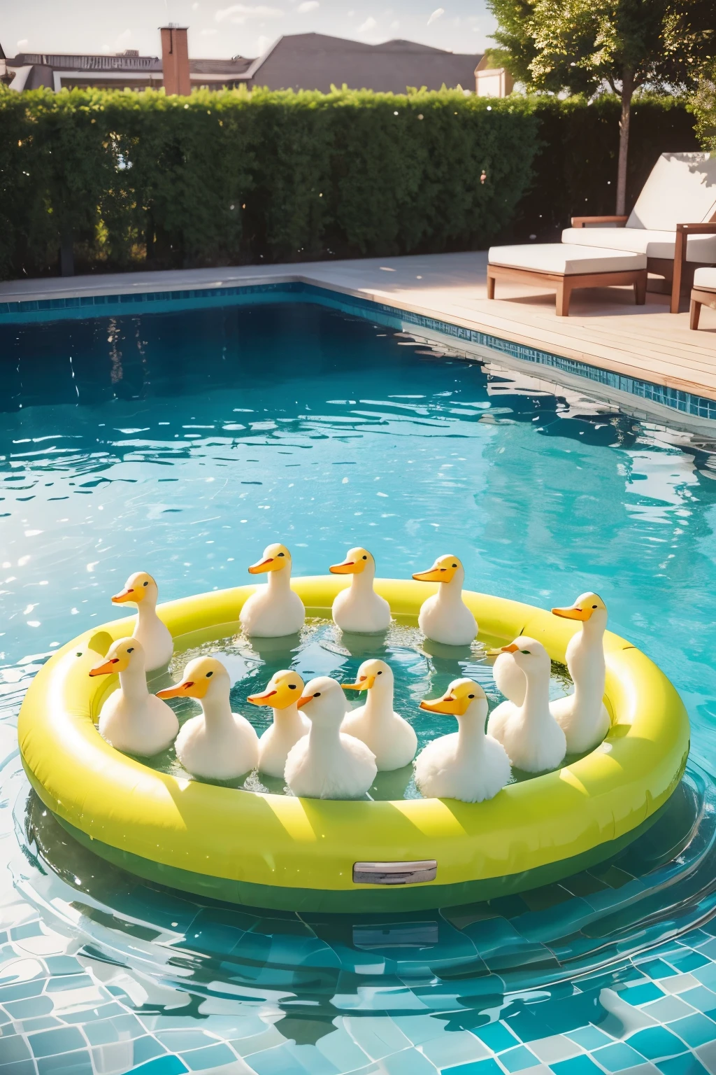 ((best qualityer)), ((3D artwork)), (detailded), 10 ducks,in a pool with a water float, a sound and a dj, Lots of beer, realistic 3d image, future with HD quality