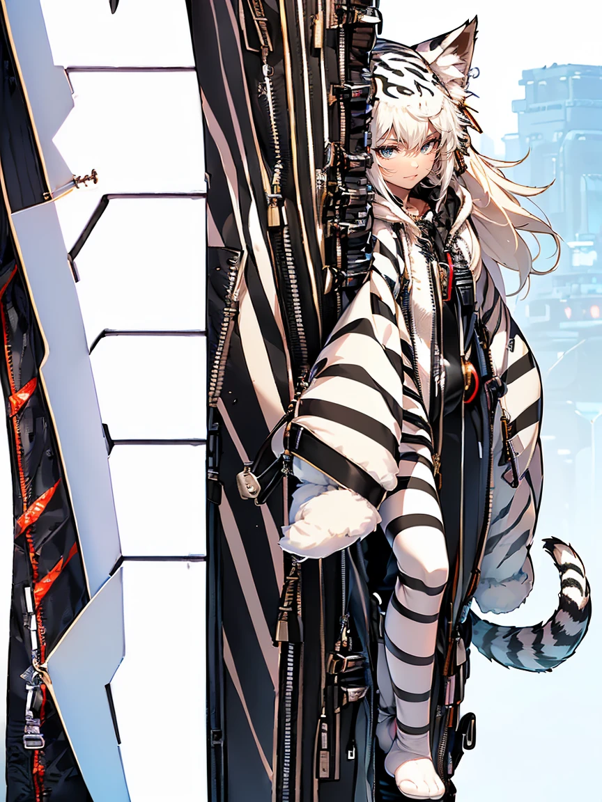 (white tiger kigurumi:1.2), (fluffy and soft fabric:1.4), ((- Zipper on the front, Easy to put on and take off):1.5), ((Long sleeve, feet cover hands):1.2), (ears and striped hood:1.3), (black-tipped tail:1.3),