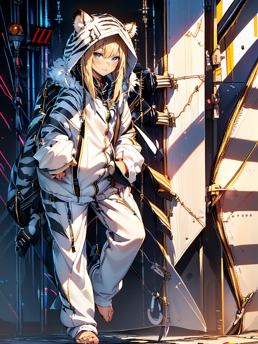(white tiger kigurumi:1.2), (fluffy and soft fabric:1.4), ((- Zipper on the front, Easy to put on and take off):1.5), ((Long sleeve, feet cover hands):1.2), (ears and striped hood:1.3), (black-tipped tail:1.3),