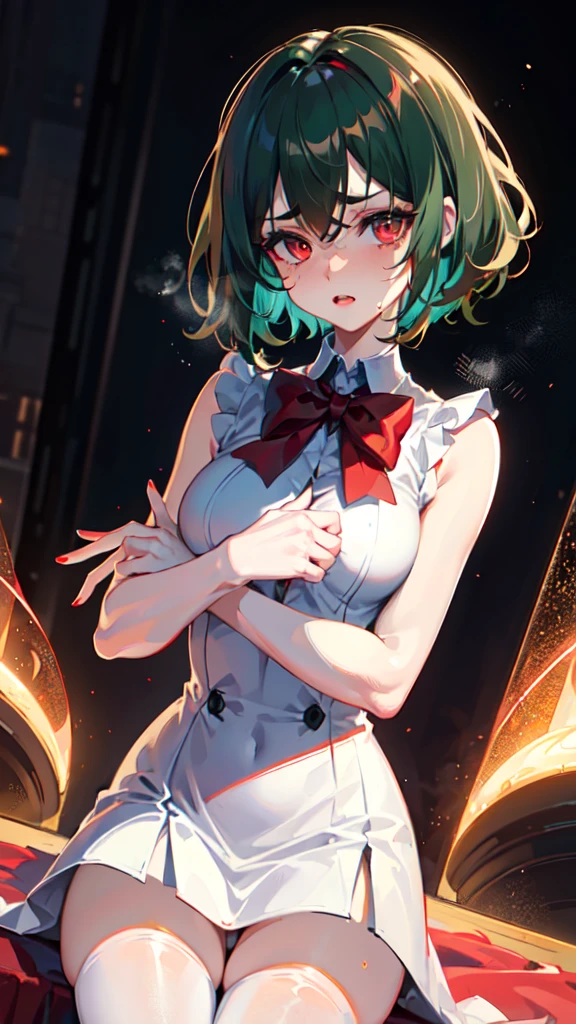 1lady, solo, {{masterpiece}}, best quality, ultra, detailed ,extremely detailed CG unity 8k wallpaper, cinematic lighting, lens flare, beautiful detail eyes, red eyes, side glance, colorful light, particles, (colorful:1.5), (dark green hair, short hair, perm hair:1.2), white dress shirt , long boots , saddle-brown colored , long coat ,red bow tie, (proud:1.0),(elegant:1.0), (fascinating:1.2), (scowl:1.1), (stare at viewer :1.5) ,nsfw,(ecstasy:1.3) ,(slut:1.2),(vulgarity:1.3),(fucked silly:1.1),(steam:1.1),(wet:0.8),(trembling:0.8),(tears:0.7) ,(drooling:0.6),(sweat:0.8), lankly,tall, toned , slimed, beautiful face and eyes,upper body,