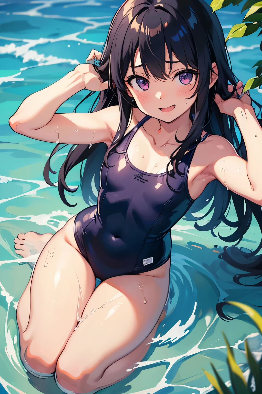 Elementary school girl, , toddler, flat chest, black hair, long hair, purple eyes, smiling(One person) Yellow one-piece swimsuit Barefoot Country River Clear Stream Lying on the water The whole body is submerged in water and floating My whole body is wet Intense water splashes, water splashing all over the body, wet hair Water droplets on the body Dynamic angle: Angle seen from directly above