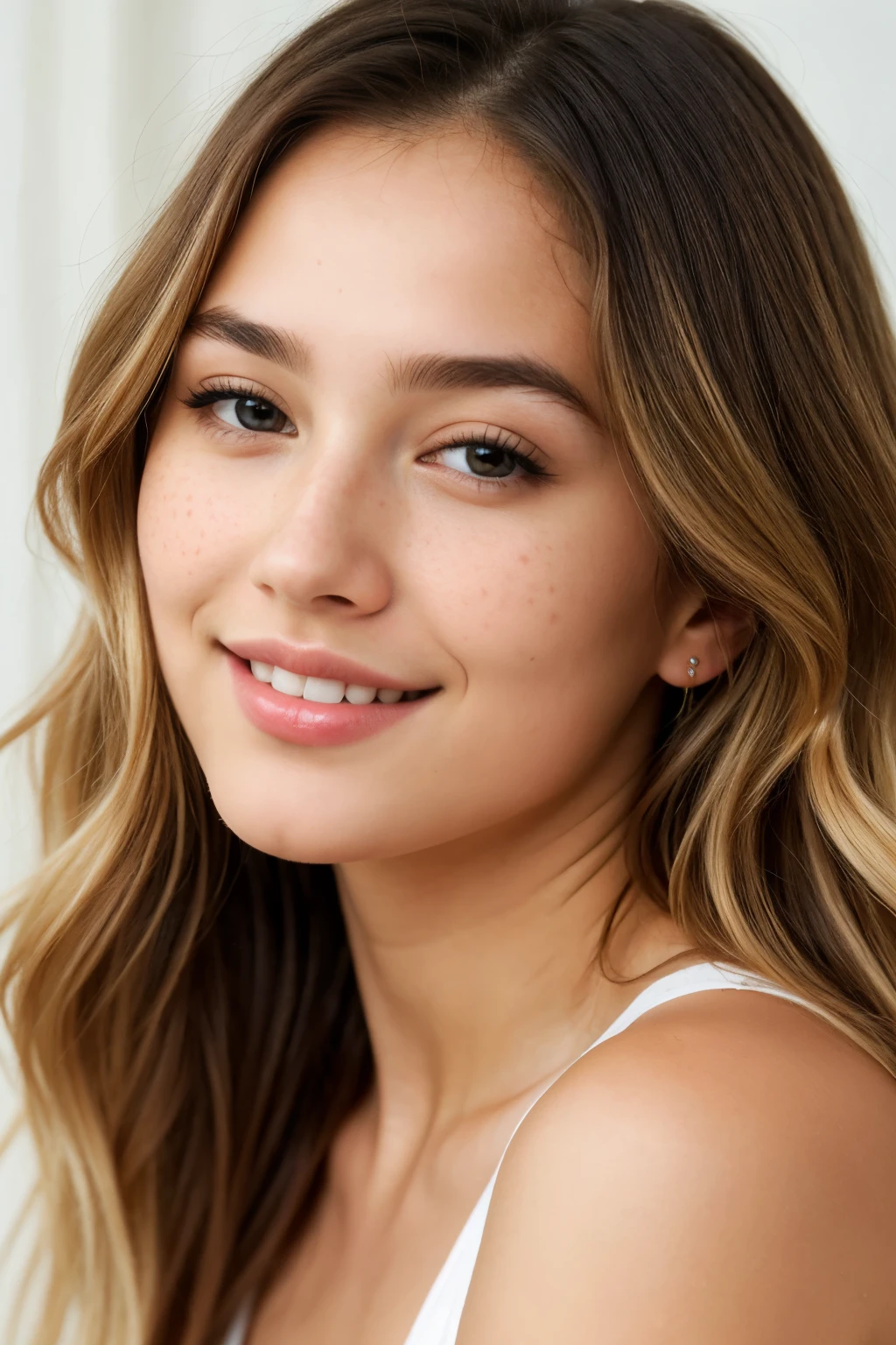 "A stunning young woman, 20 years old, brown hair at the roots then gradually becomes blond with slightly wavy blonde hair cascading over her shoulders. She has captivating brown eyes and fair, tanned skin. realistic eyes, beautiful face, beautiful realistic skin, symmetrical eyes, beautiful eyes, beautiful luscious mouth, Her face is harmonious with well-defined features, a delicate nose, and full natural lips. She exudes a soft and alluring aura with a calm and serene gaze. The image should be hyper-realistic, showcasing the natural beauty and intricate details of her facial features and complexion, 4k and 8k quality image, with a slight smile, confident attitude, ultra-realistic, slight freckles, and realistic skin texture."