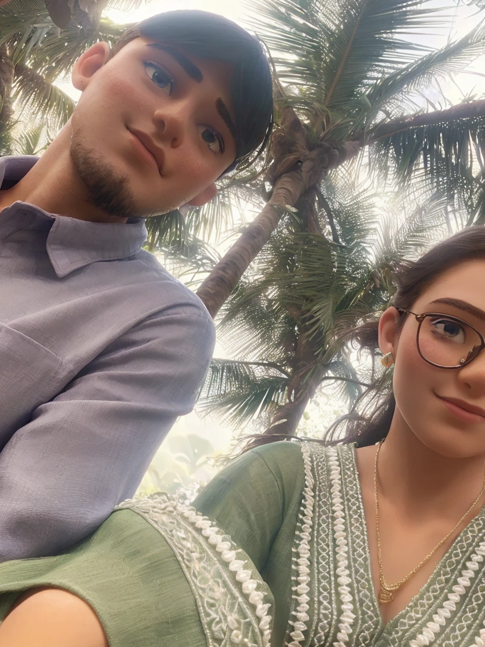 a beautiful young couple in a lush tropical garden, romantic summer date, detailed facial features, delicate skin, flowing hair, elegant dress and suit, warm lighting, colorful flowers, butterflies, dreamlike atmosphere, photorealistic, intricate details, vibrant colors, masterpiece, high quality