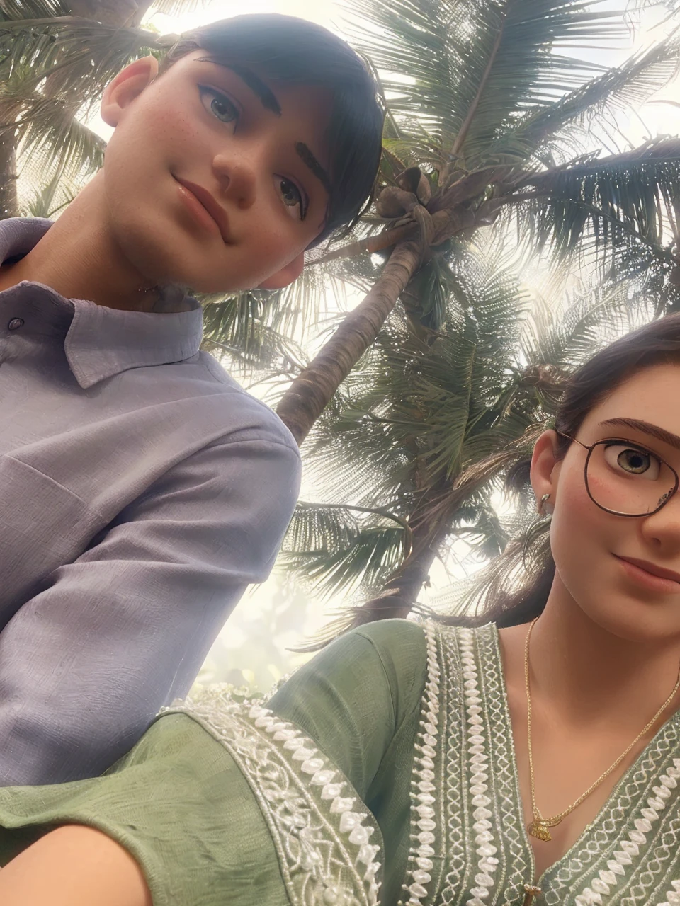 a beautiful young couple in a lush tropical garden, romantic summer date, detailed facial features, delicate skin, flowing hair, elegant dress and suit, warm lighting, colorful flowers, butterflies, dreamlike atmosphere, photorealistic, intricate details, vibrant colors, masterpiece, high quality