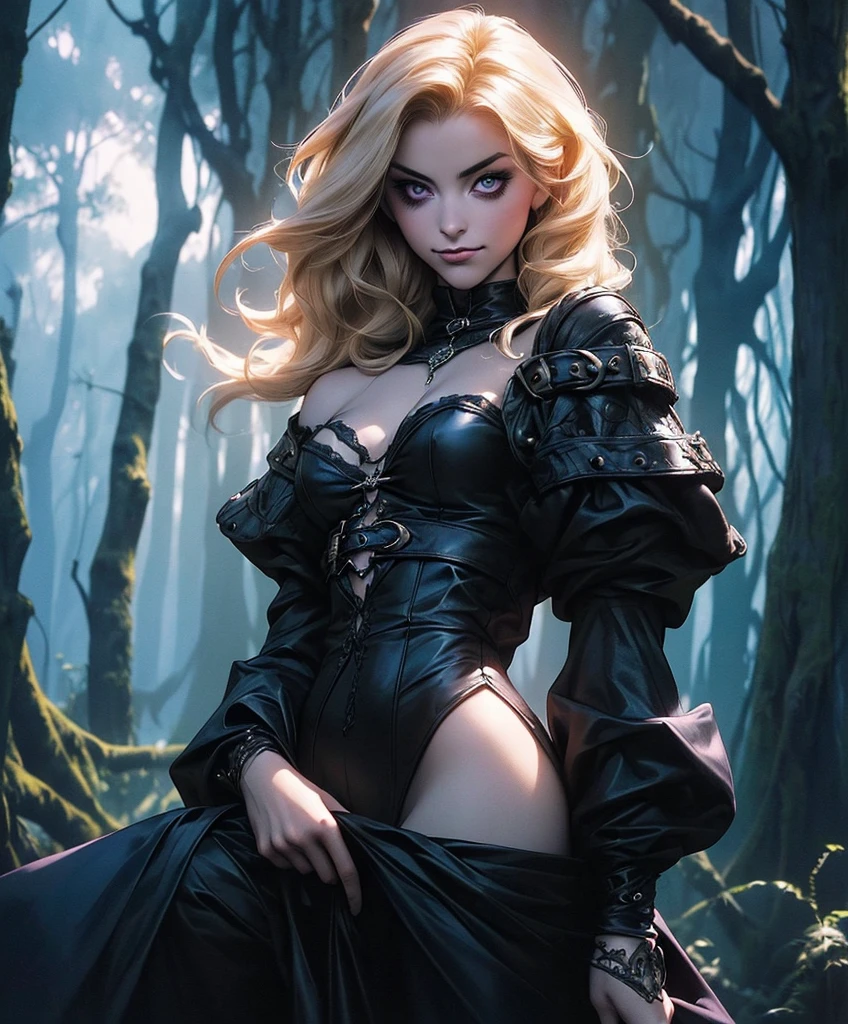 (((Luxurious shoulder length blond hair and sexy smirk.))) (((18 years old.))) (((18yo.))) (((Cute smirk.))) (((Single character image.))) (((1girl)))score_9, score_8_up, score_7_up, Imagine an enchanting and unconventional female rogue character for a Dungeons & Dragons adventure, brought to life with the distinctive aesthetics that Tim Burton is celebrated for. This rogue is a gothic marvel, a denizen of medieval fantasy with a darkly captivating style. (((She combines a dark sexual allure with a flare for the dramatic.))
Picture her in a world cloaked in the hauntingly beautiful colors of black, white, and deep shades of purple, reminiscent of Tim Burton's signature palette. Her attire, an extraordinary fusion of medieval and Burtonesque design, should exude an air of whimsical darkness. Envision a sleek and intricate leather outfit, adorned with ornate corsetry and intricate buckles, drawing inspiration from Burton's quirky, yet enchanting sense of fashion.
This rogue's hair, akin to Tim Burton's iconic characters, should be an intriguing blend of dark and otherworldly, a cascading tangle of raven locks, adorned with mysterious ornaments and ribbons. Her eyes should be large and expressive, their mesmerizing gaze evoking a sense of enchantment and intrigue. Give her an intriguing smile, hinting at her rogueish charm, yet tinged with a hint of enigmatic mischief.
The background should be a fantastical world, part medieval and part Burtonesque, a realm filled with curiously twisted trees, surreal landscapes, and eerie moonlight. The atmosphere should resonate with an uncanny blend of gothic beauty and whimsical oddity, capturing the essence of Tim Burton's unique imagination. In this AI artwork, the goal is to bring to life a rogue who is both mysterious and alluring, a character who thrives in a world where medieval fantasy and Tim Burton's enchanting darkness collide.
