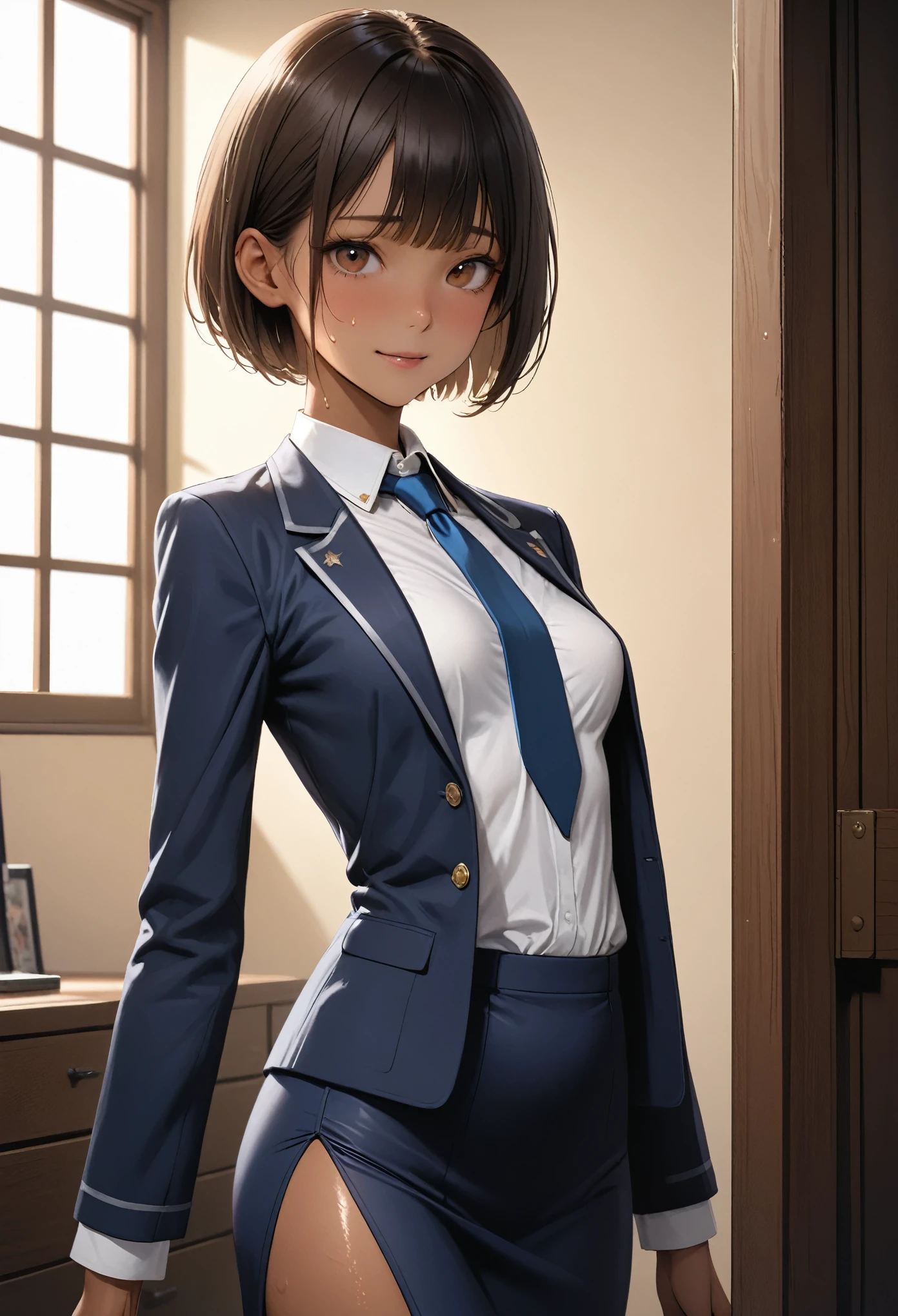 (masterpiece,Highest quality:1.3,best quality illustration,realistic),cowboy shot,1woman,23 year old Japanese beauty,((very small head:1.3)),brown short bob hair,bangs,brown eyes,gorgeous eyes,shy,smile,small breasts,((very long body:1.3)),((toned body,slender body,skinny,tan skin)),(navy uniform、Dark blue blazer jacket、White Shirt、Navy blue tie、Navy blue tight skirt),gleaming skin,shiny skin,sweat,standing,Bedroom、Naval Base、