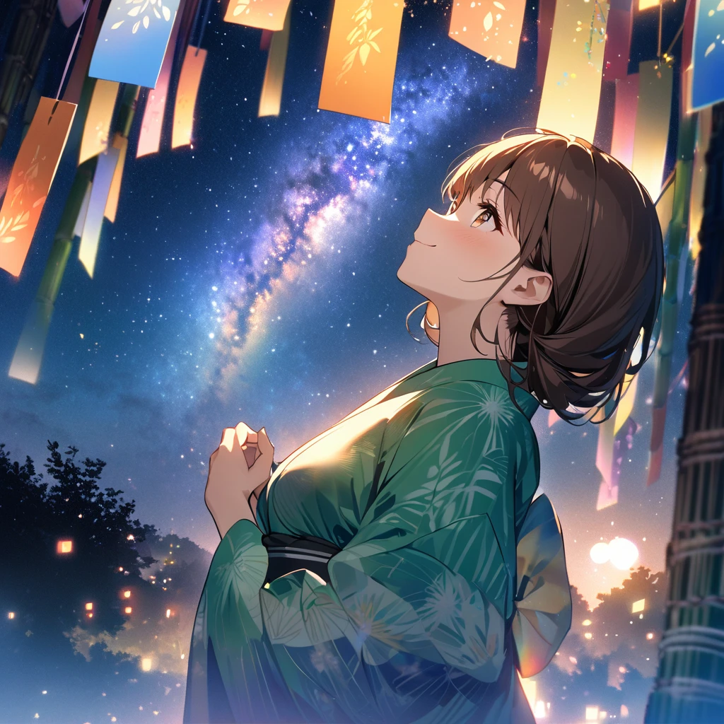Highest quality, masterpiece, The girl who grants wishes,Brown Hair,Brown eyes,Double exposure, The best smile, Look up at the sky, yukata, milky way, Night view, Tanabata Festival, Large bamboo and colorful hanging ornaments,Golden light particle effect