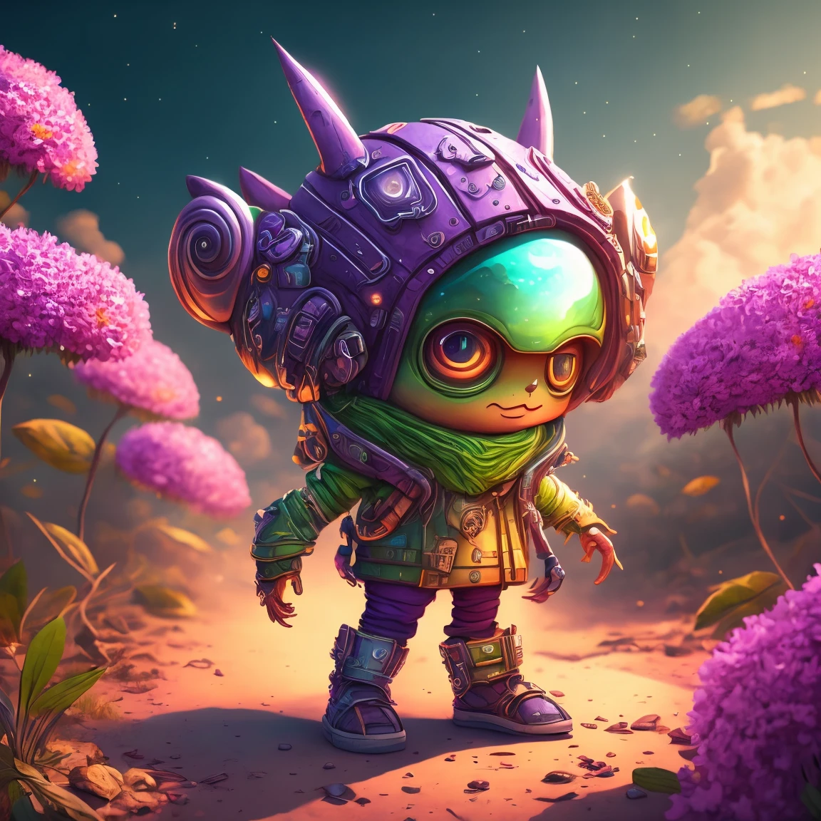 An ultra-detailed, realisitic, and adorable cute alien character is depicted in this artwork. The character is small and has a friendly and adorable appearance. The Alien is set in a purple-colored world filled with abundant exotic vegetation. The art style is inspired by anime, giving it a unique and distinctive look. Art is created in 8k resolution, ensuring the best quality and capturing every intricate detail of the alien and its surroundings. Vibrant, vivid colors enhance the overall visual experience, while lighting creates a sense of depth and dimension in the artwork. This masterpiece showcases the artist&#39;s expertise in creating high-quality, visually stunning illustrations.