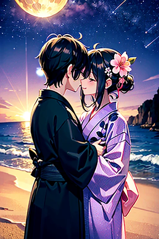 View of a beach with a body of water under the stars,Meteor-like path,浴衣を着た大人のmalefemaleのカップル,laughing,Gazing at each other,Kiss each other,romantic,Two people making love in a beautiful place,Tanabata,I can see the silhouette,Black Hair_male,Black yukata_male,Dark Chestnut Hair_female,Pale pink yukata_female,Floral Yukata_female,Flower Hair Ornaments_female,Shadow,Beautiful views,Dark Night,Midnight